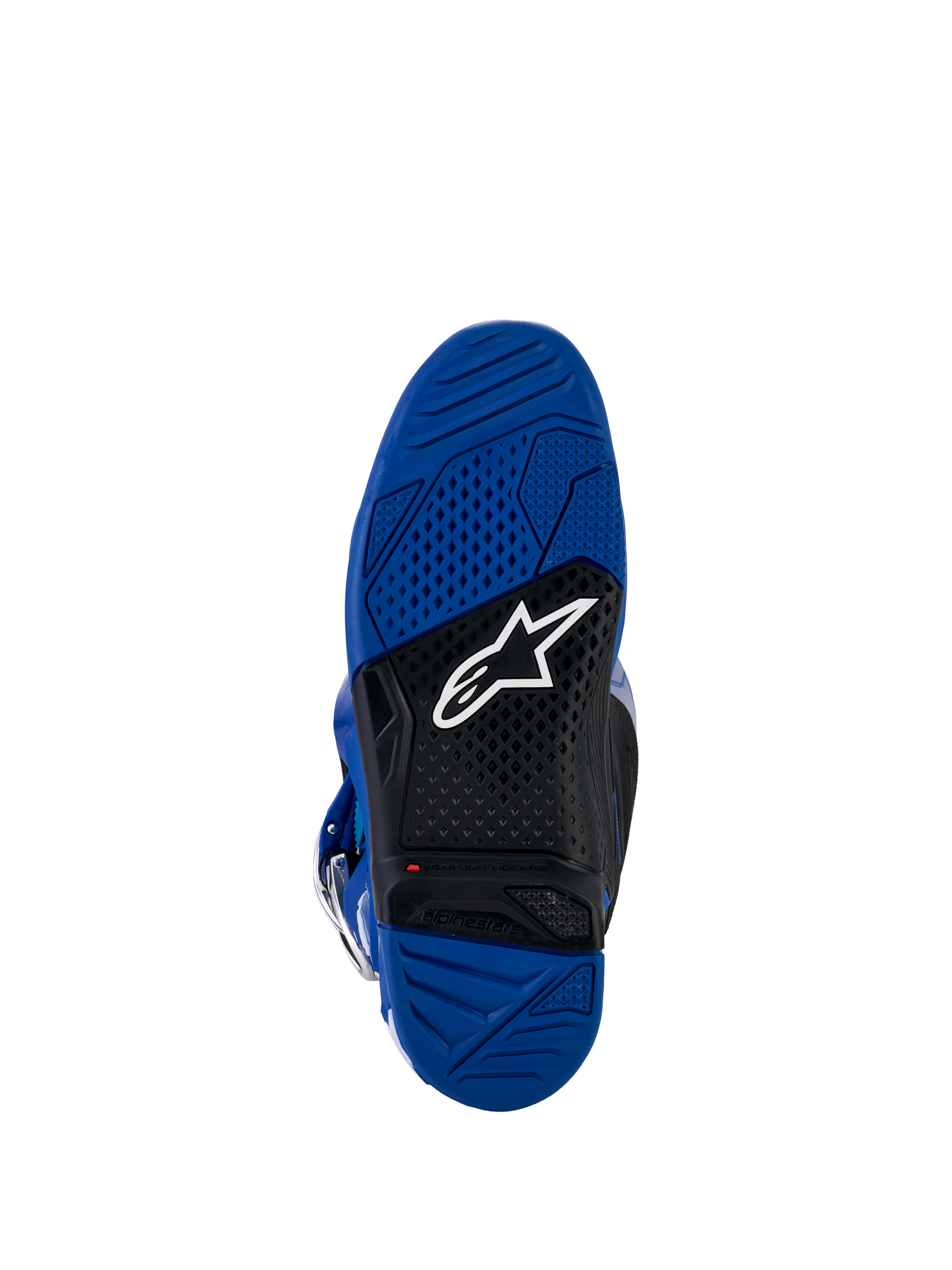 Alpinestars Yamaha Tech 7 laarzen, motorcrosslaarzen, blauw en zwart zoolaanzicht, dual-compound gevulkaniseerde rubberen buitenzool met getextureerd grippatroon, voorzien van een wit Alpinestars-logo en rode slijtage-indicator