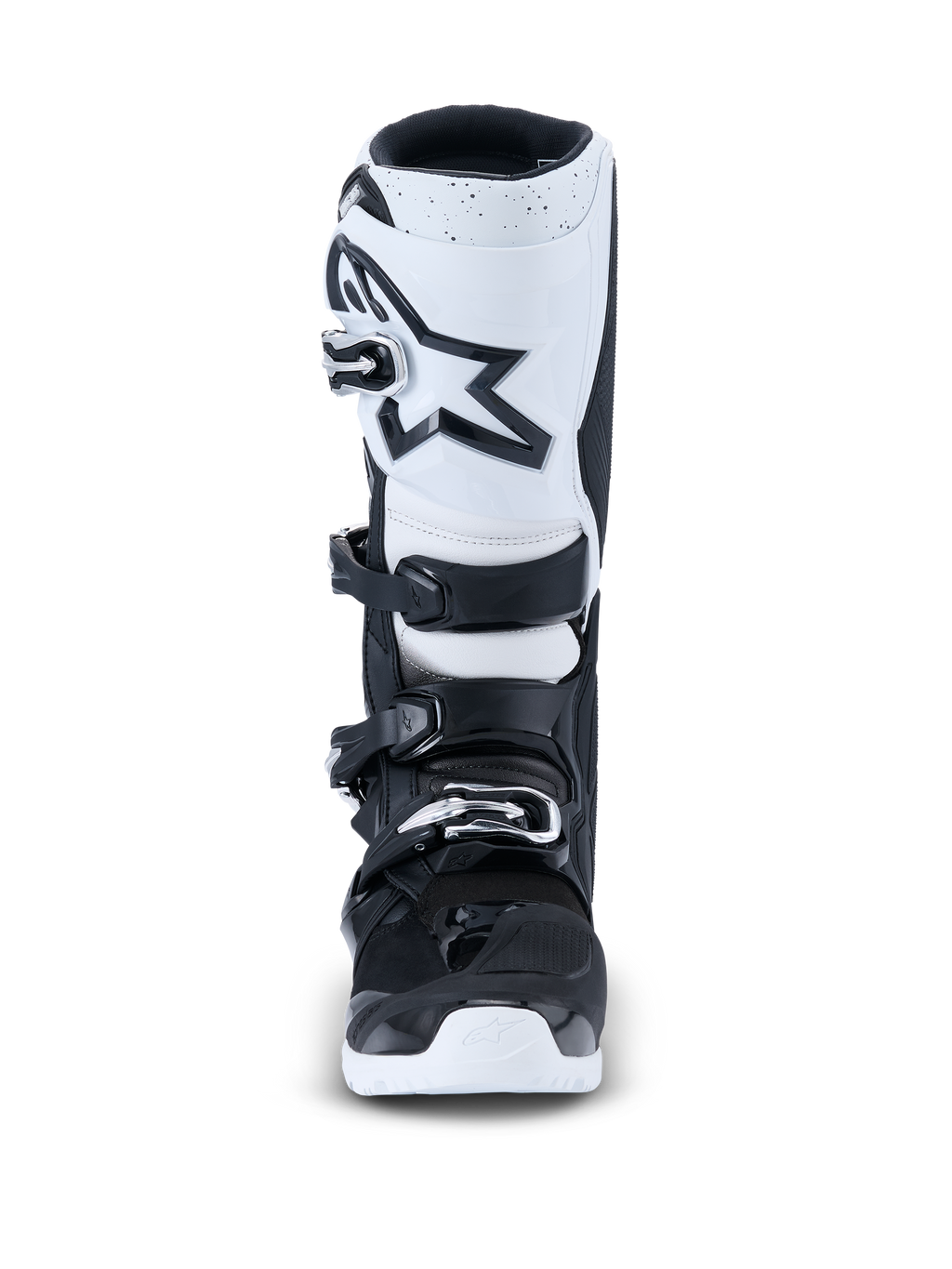 Alpinestars 2026 Tech 7 Enduro Boots, Motocross Boots, Black and White, front view featuring a white shin plate with a black star logo, four-buckle closure system, and durable white outsole