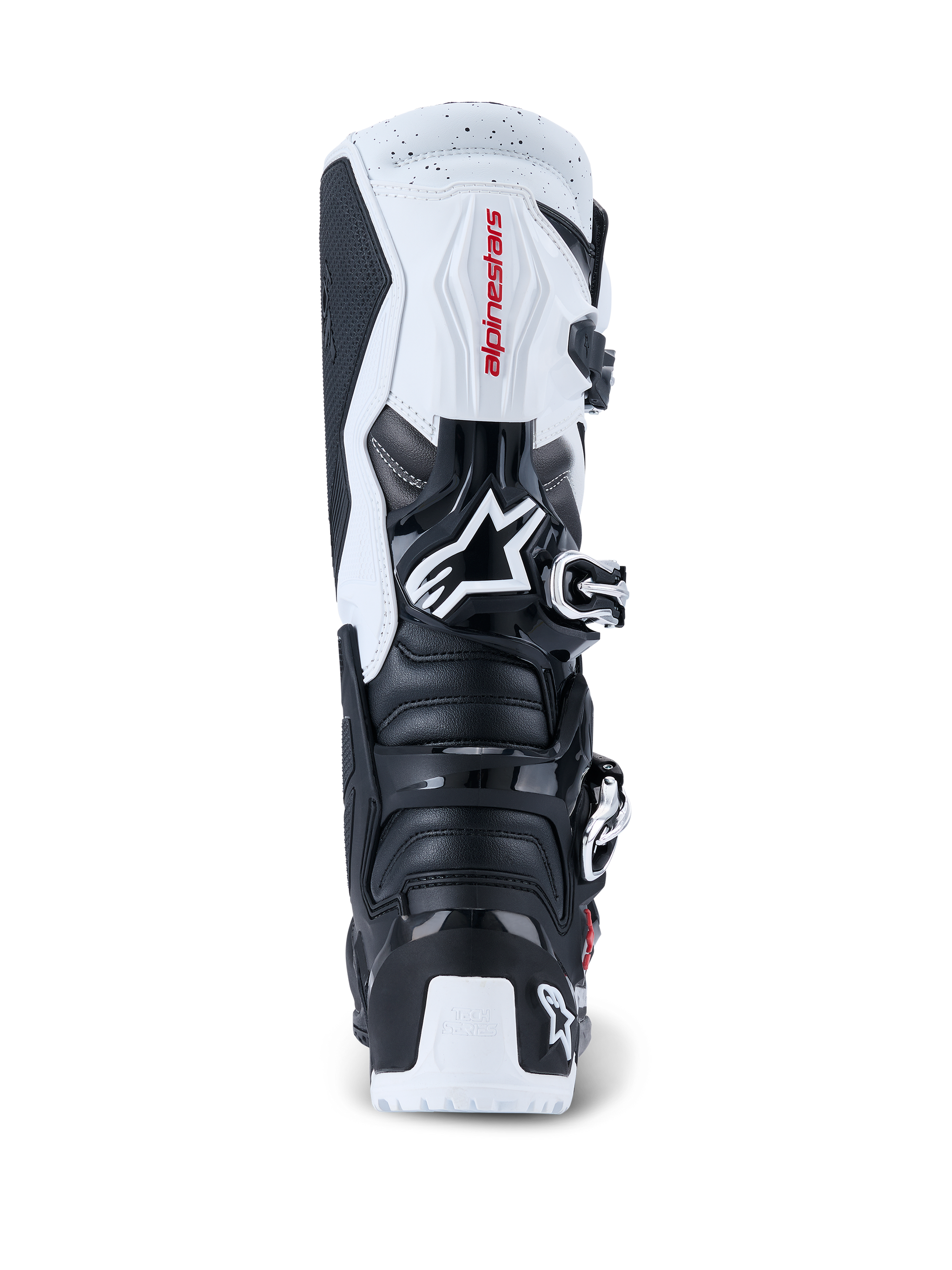 Alpinestars 2026 Tech 7 Enduro laarzen, motorcross- en enduro-laarzen, zwart en wit, achteraanzicht met TPU-beschermingsplaten op de hiel en kuit, rode Alpinestars-branding op het witte bovenpaneel en zilveren gespsluitingssysteem, ontworpen voor high-performance off-road rijden