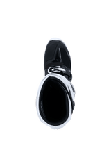 Alpinestars 2026 Tech 7 Enduro laarzen, motocrosslaarzen, zwart en wit, bovenaanzicht in de schacht van de laars met de witte gaiter en het zwarte interieur, gespecialiseerde uitrusting voor off-road en enduro rijden