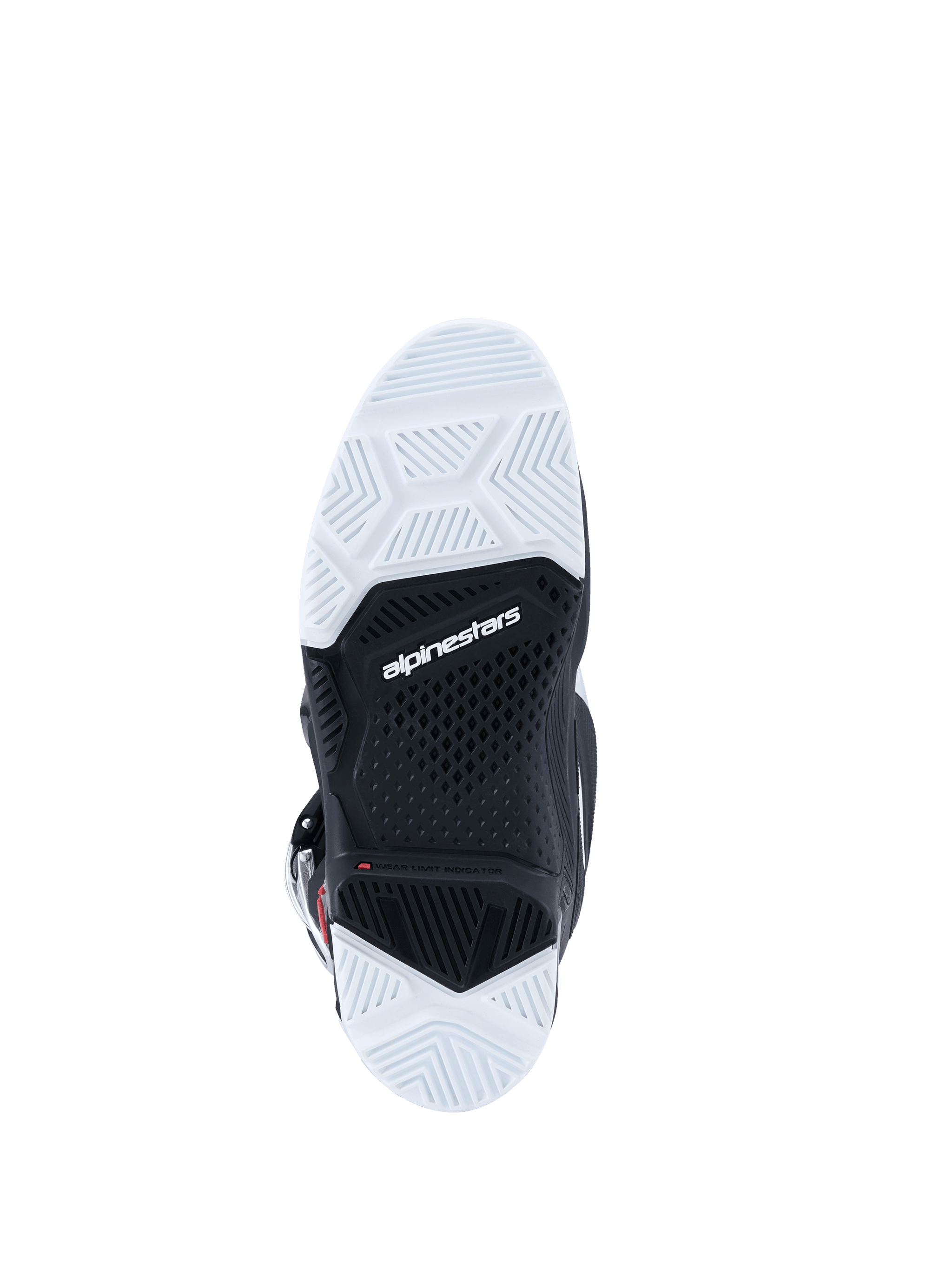 Alpinestars 2026 Tech 7 Enduro-laarzen, onderaanzicht van de buitenzool, zwart-witte dual-compound zool met getextureerd profiel, Alpinestars-logo in het midden, ontworpen voor duurzaamheid en grip op off-road terreinen