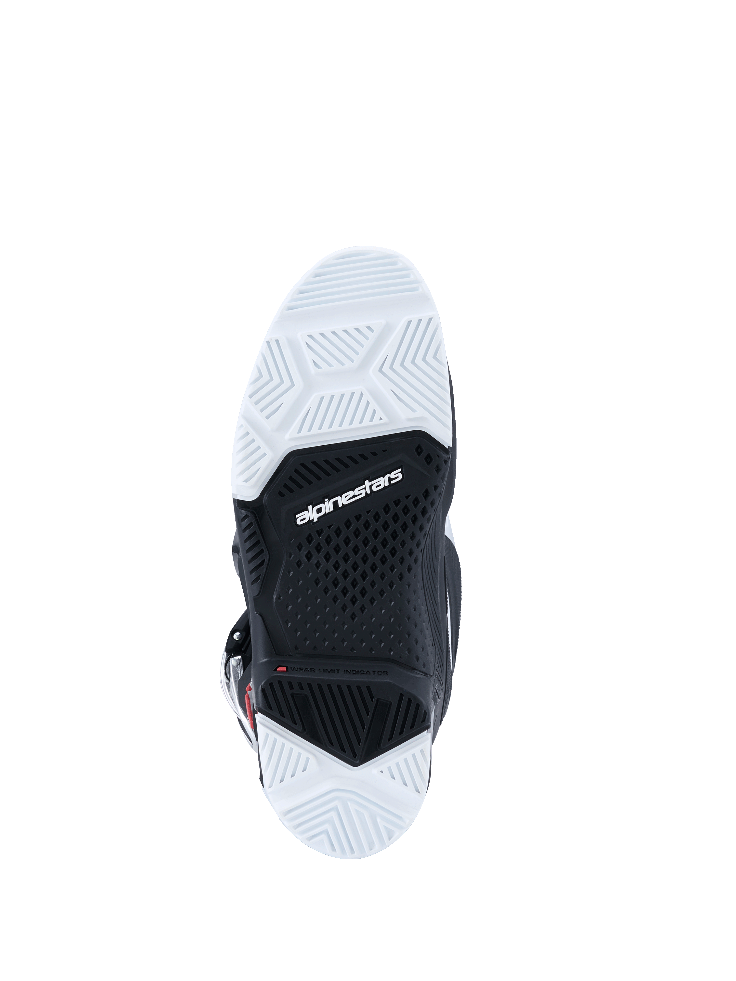 Alpinestars 2026 Tech 7 Enduro Boots, bottom view of the outsole, black and white dual-compound sole with textured tread pattern, Alpinestars logo in the center, designed for durability and grip in off-road terrains