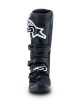 Alpinestars 2026 Tech 7 Enduro laarzen, Black Anthracite White, vooraanzicht met een prominent wit sterlogo op de scheenplaat, snelsluitingssysteem met vier gespen en versterkte beschermende structuur voor enduro- en off-road rijden
