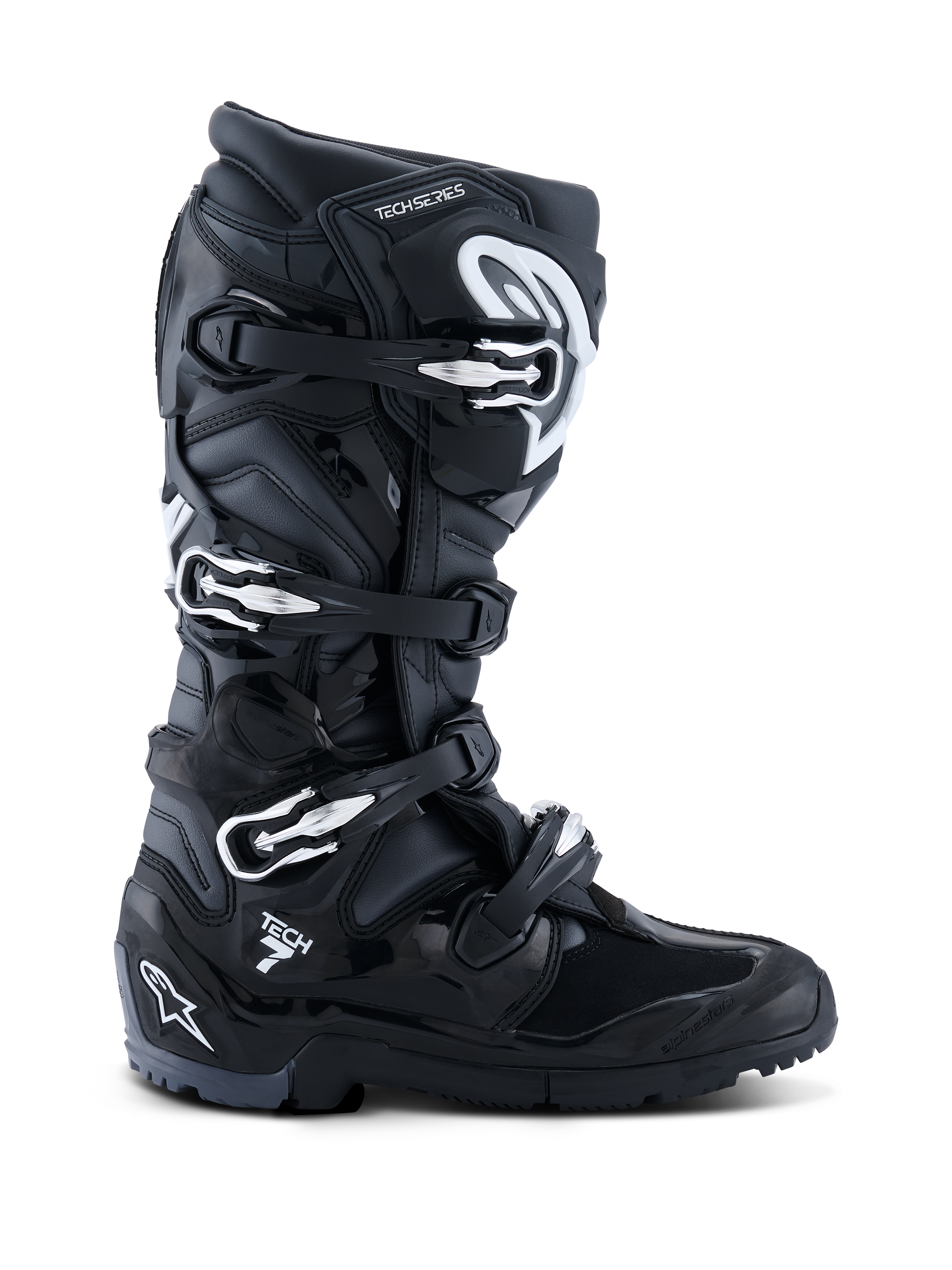 Alpinestars 2026 Tech 7 Enduro Boots, Black Anthracite White, specialized off-road motorcycle boots featuring a four-buckle closure system, durable PU-reinforced microfiber upper, and a rugged lugged sole for enduro terrain, sleek design with prominent Tech 7 branding on the heel.