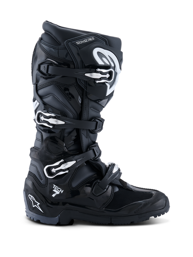 Alpinestars 2026 Tech 7 Enduro Boots, Black Anthracite White, specialized off-road motorcycle boots featuring a four-buckle closure system, durable PU-reinforced microfiber upper, and a rugged lugged sole for enduro terrain, sleek design with prominent Tech 7 branding on the heel.