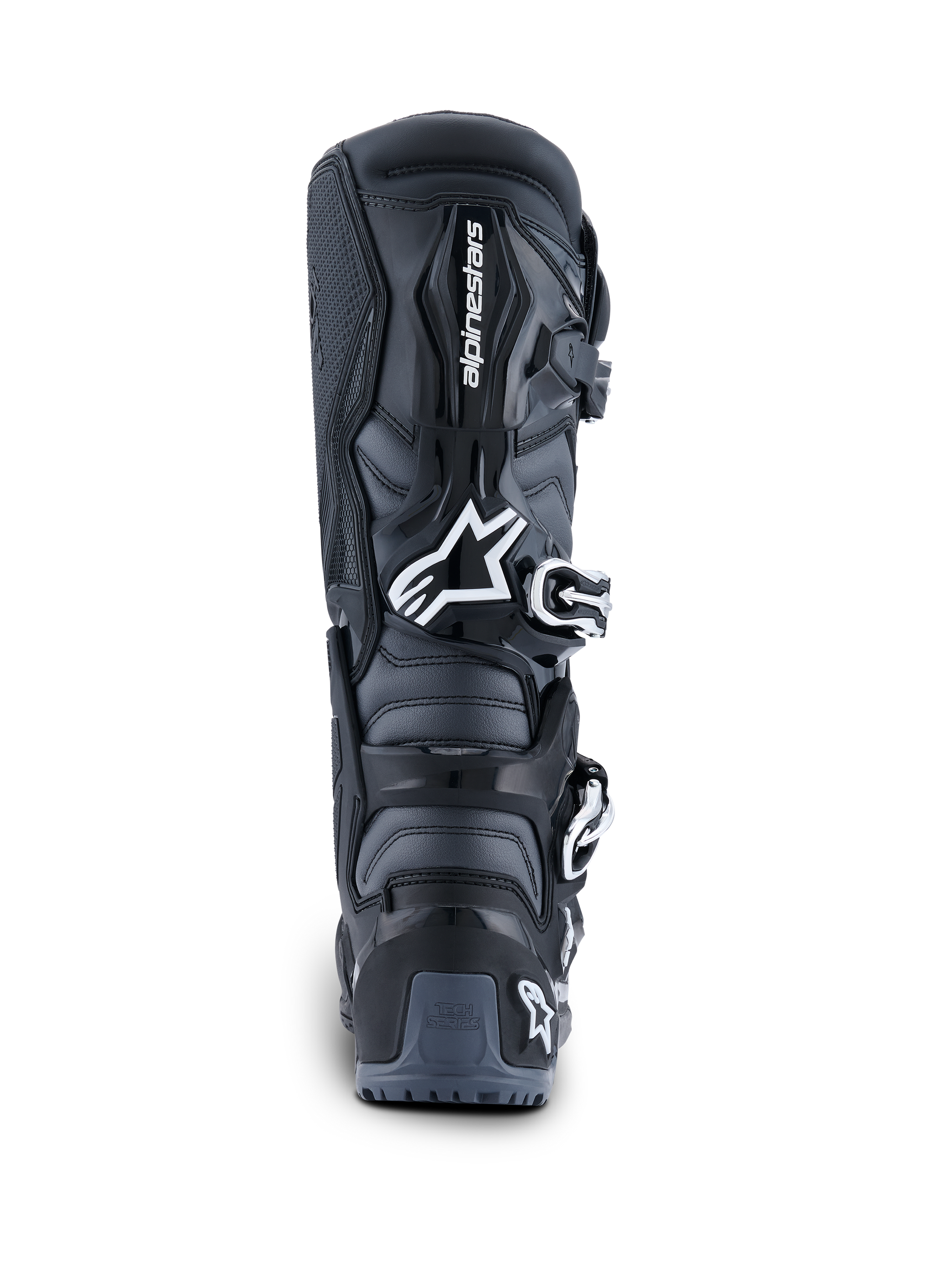 Alpinestars 2026 Tech 7 Enduro laarzen, achteraanzicht, zwart, antraciet en wit, off-road motorlaarzen met wit Astar-logo, gespsluitsysteem en TPU-hielbescherming