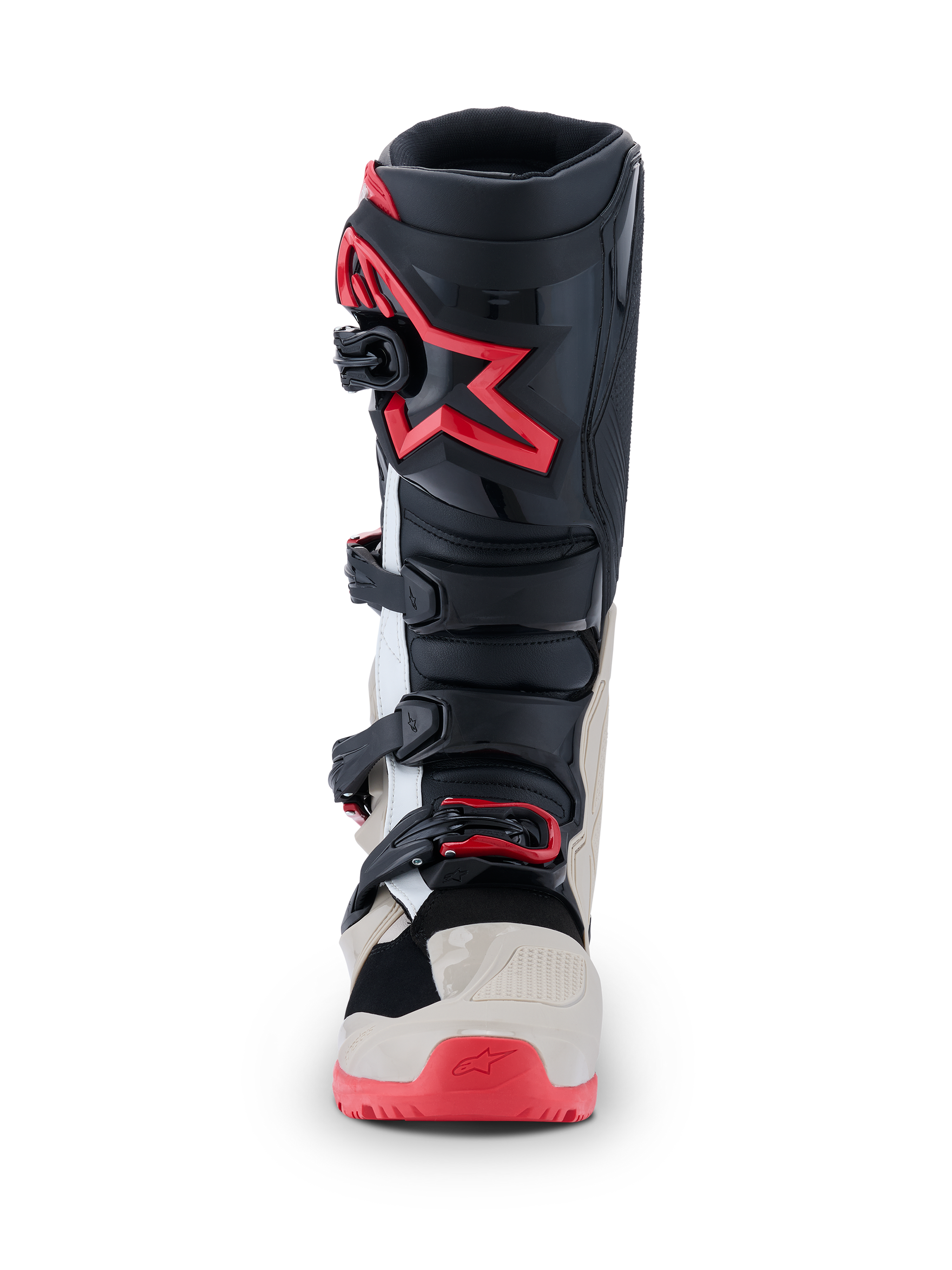 Alpinestars 2026 Tech 7 Enduro laarzen, motorcrosslaarzen, zwart, lichtgrijs en felrood, vooraanzicht met meervoudig gespsluitsysteem en rood ster-logo op het scheenbeen