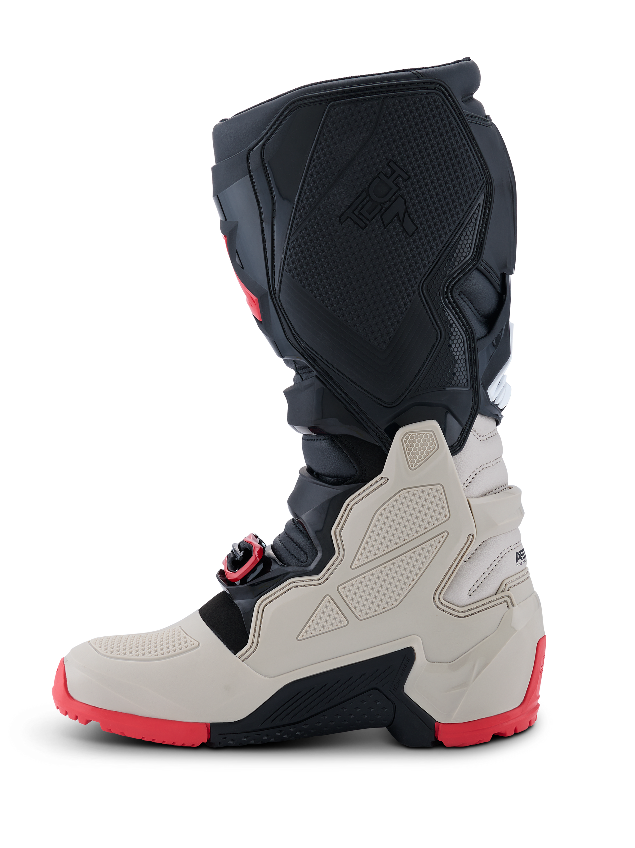 Alpinestars 2026 Tech 7 Enduro laarzen, off-road motorlaarzen, zwart, lichtgrijs en felrood, zijaanzicht met TPU-beschermpanelen, zelfuitlijnend gespsysteem en robuuste rode dual-compound zool voor enduro-rijden