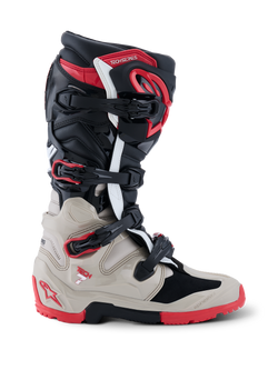 Alpinestars 2026 Tech 7 Enduro Boots, off-road motorcycle boots in Black, Light Gray, and Bright Red, side profile view showing the multi-buckle system and extensive TPU impact protection.