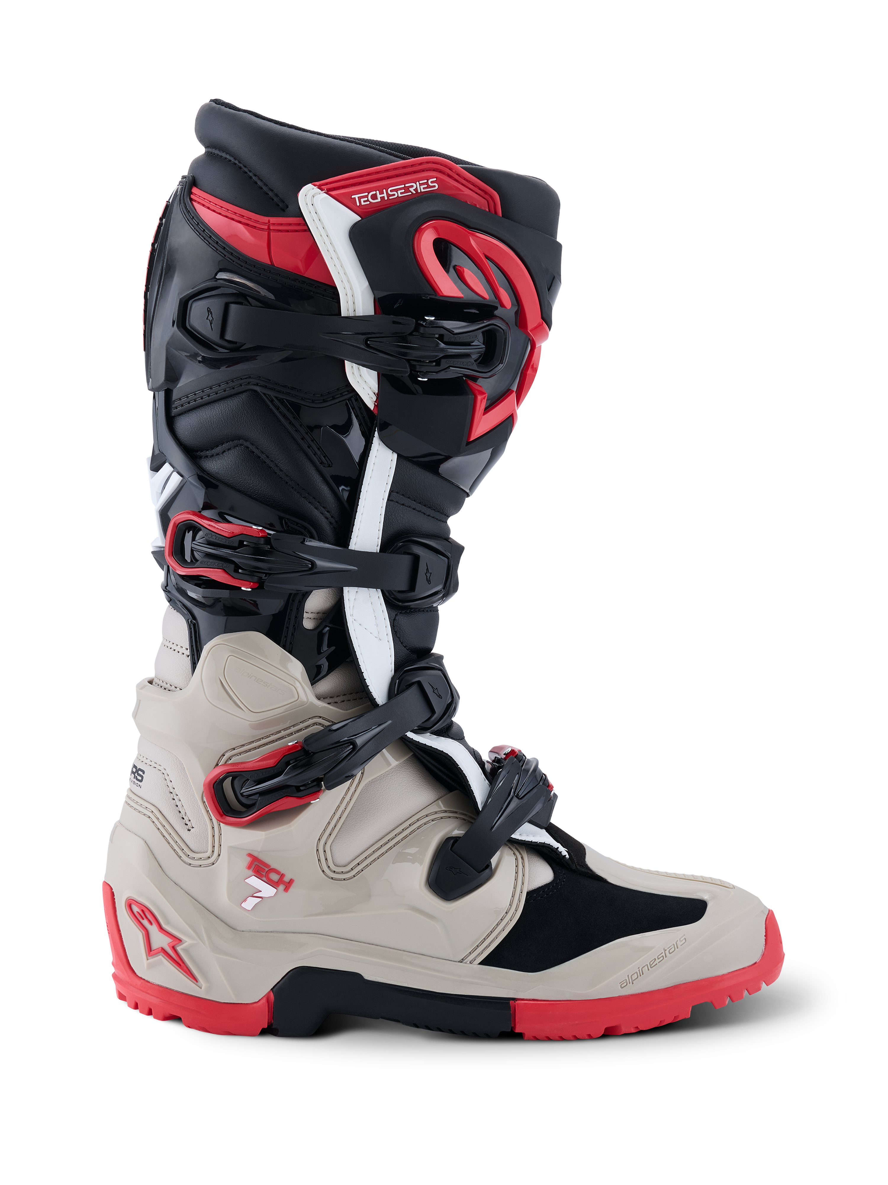Alpinestars 2026 Tech 7 Enduro Boots, off-road motorlaarzen in zwart, lichtgrijs en felrood, zijaanzicht met weergave van het meervoudige gespsysteem en uitgebreide TPU-impactbescherming.