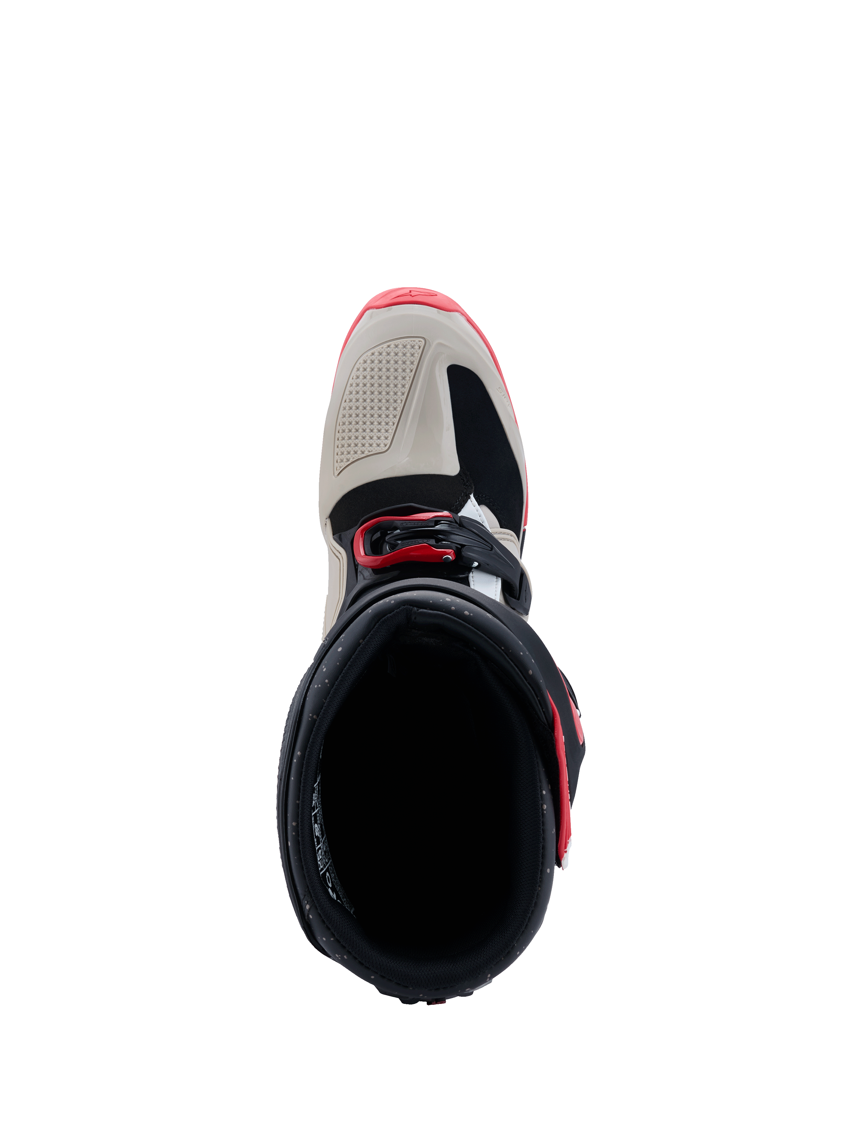 Alpinestars 2026 Tech 7 Enduro Boots, Black Light Gray and Bright Red, top-down view showing the boot opening and toe box, featuring light gray TPU reinforcements and red buckle accents, specialized off-road footwear.