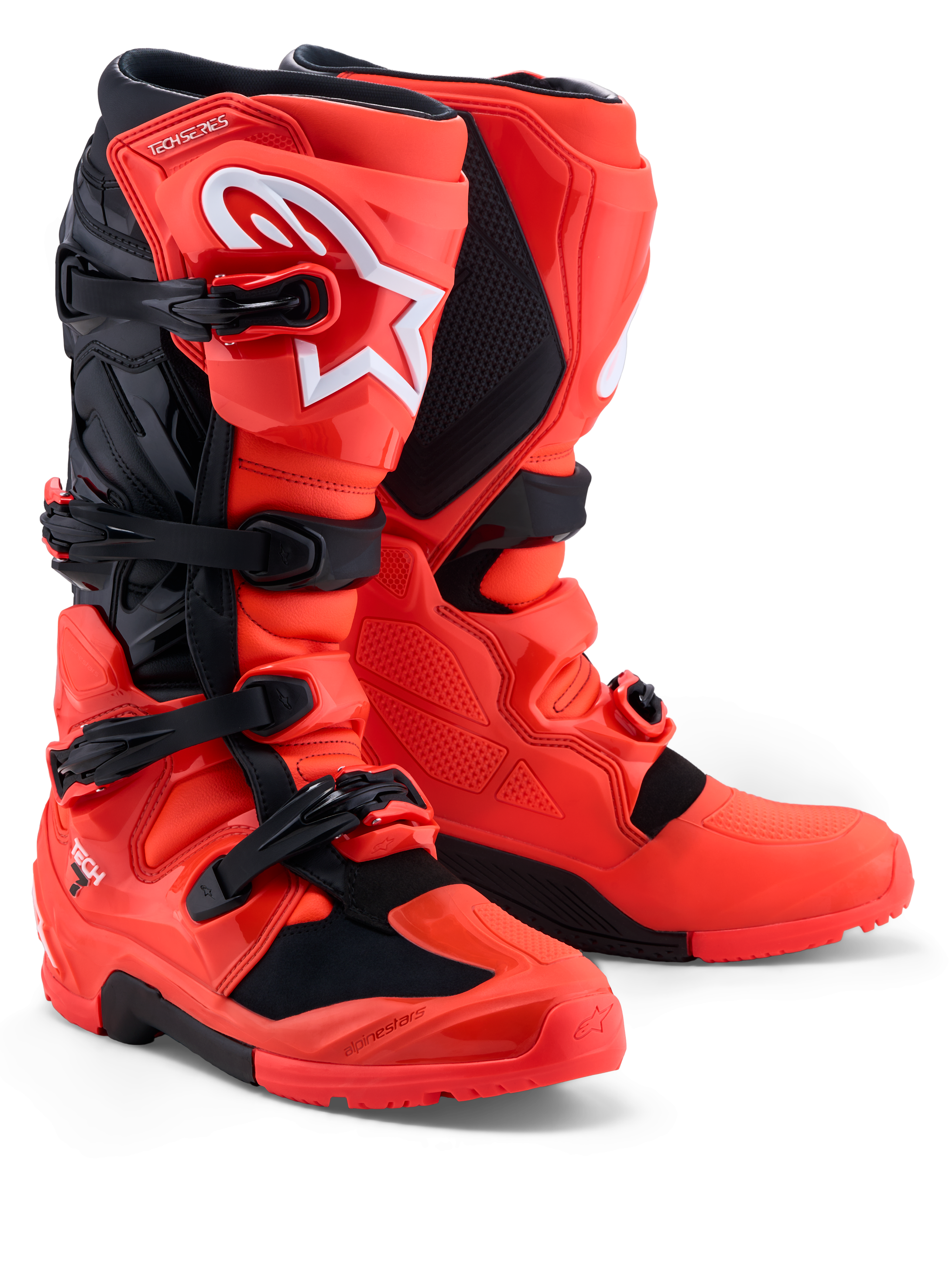 Alpinestars Tech 7 Enduro laarzen, motorcrosslaarzen, rood en zwart, TPU-bescherming en gespsluiting, CE-gecertificeerd.