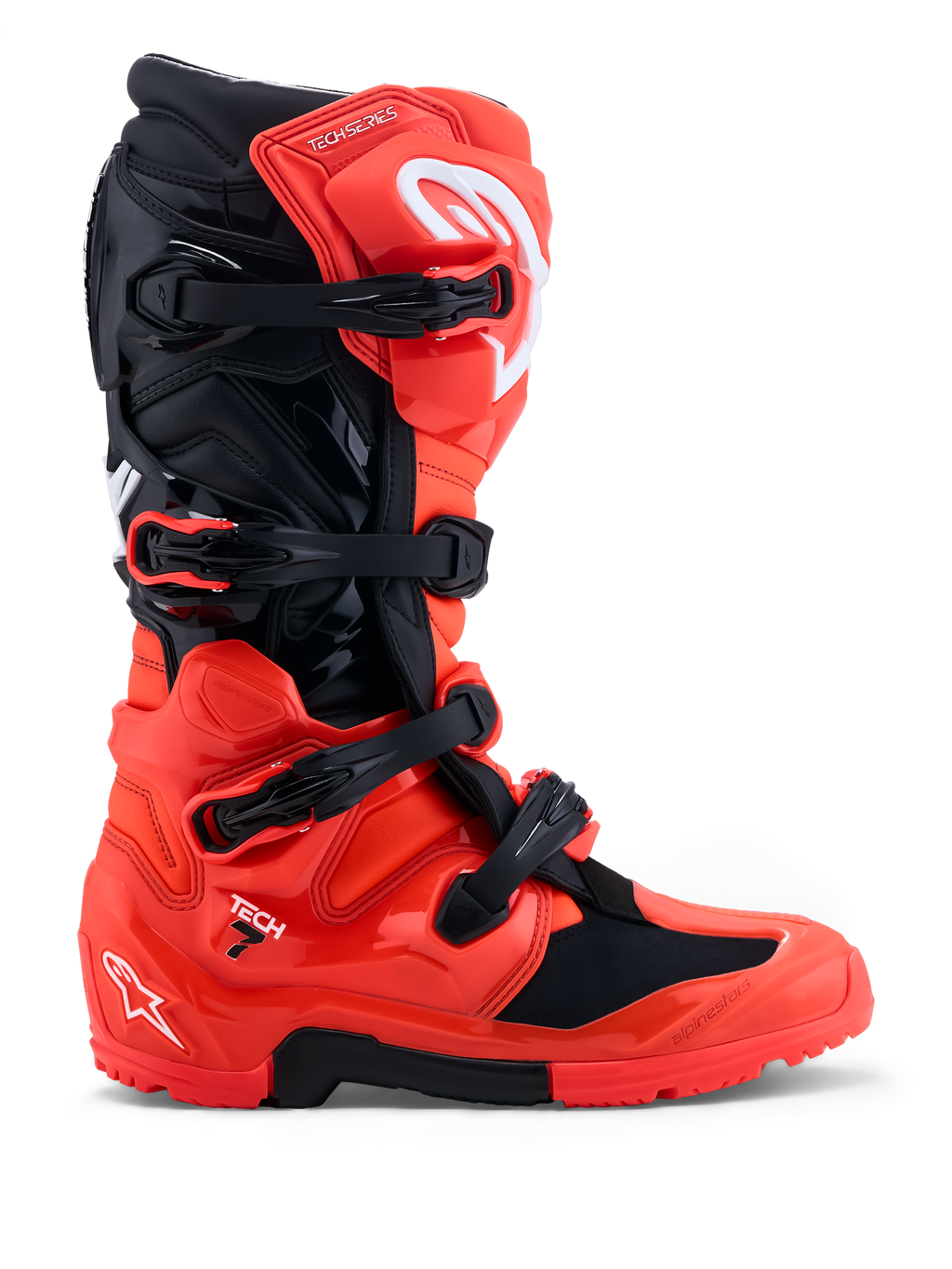 Alpinestars Tech 7 Enduro laarzen, rood en zwarte off-road motorlaarzen met TPU-bescherming en een dual-compound zool.