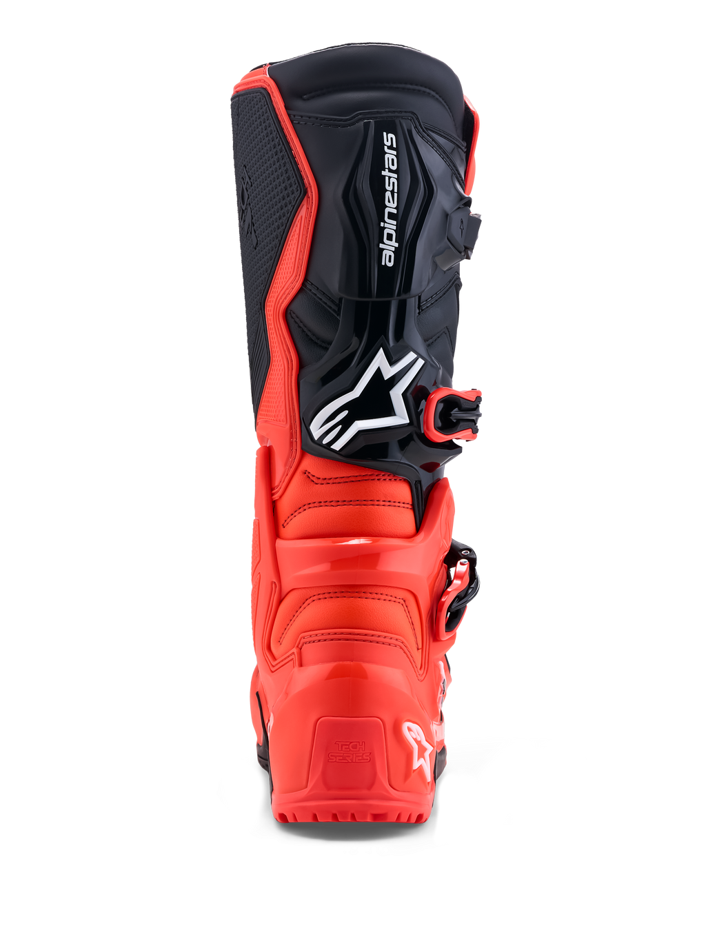 Alpinestars Tech 7 Enduro laarzen, off-road motorlaarzen in rood en zwart, achteraanzicht met TPU-versterking, CE-gecertificeerd.