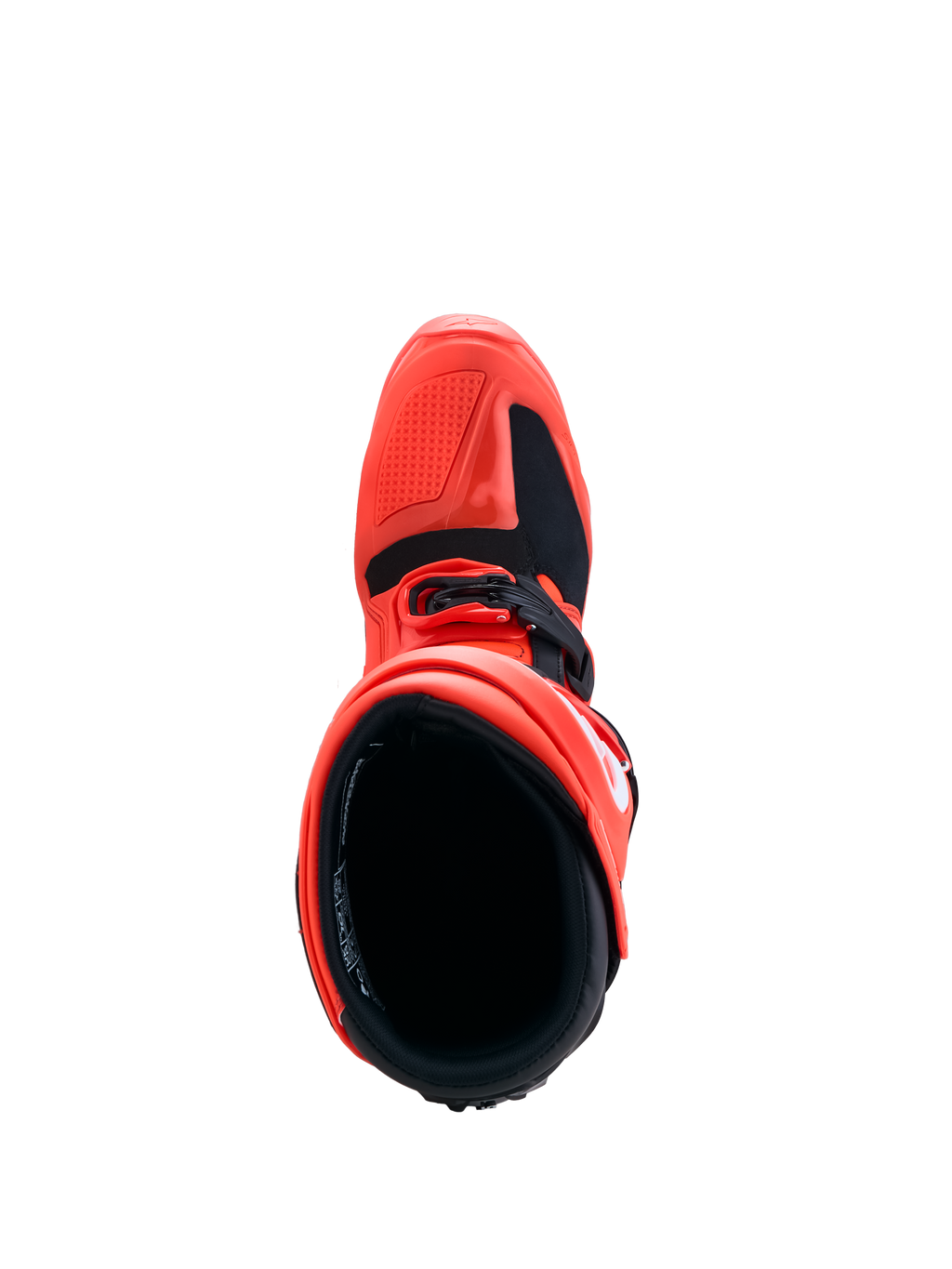 Alpinestars Tech 7 Enduro laarzen, rood en zwart, bovenaanzicht van het TPU-chassis en de binnenvoering.