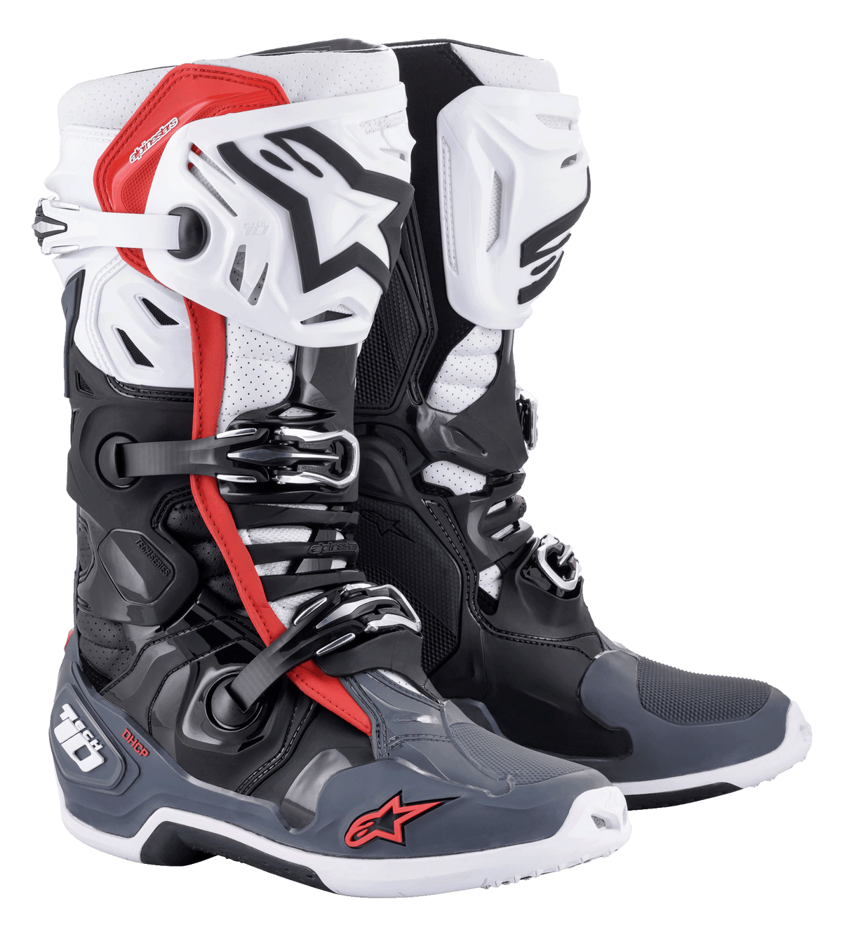 Alpinestars Tech 10 Supervented laarzen, motorcrosslaarzen, zwart, wit, grijs en rood, voorzien van geventileerde scheenplaten, geperforeerde microvezelconstructie voor luchtstroom, meervoudig gespsluitingssysteem en Alpinestars-branding op de neus en hiel.