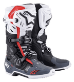 Alpinestars Tech 10 Supervented Boots, Motocross Boots, Black White Mid Gray and Red, featuring ventilated shin plates, perforated microfiber construction for airflow, multi-buckle closure system, and Alpinestars branding on the toe and heel.