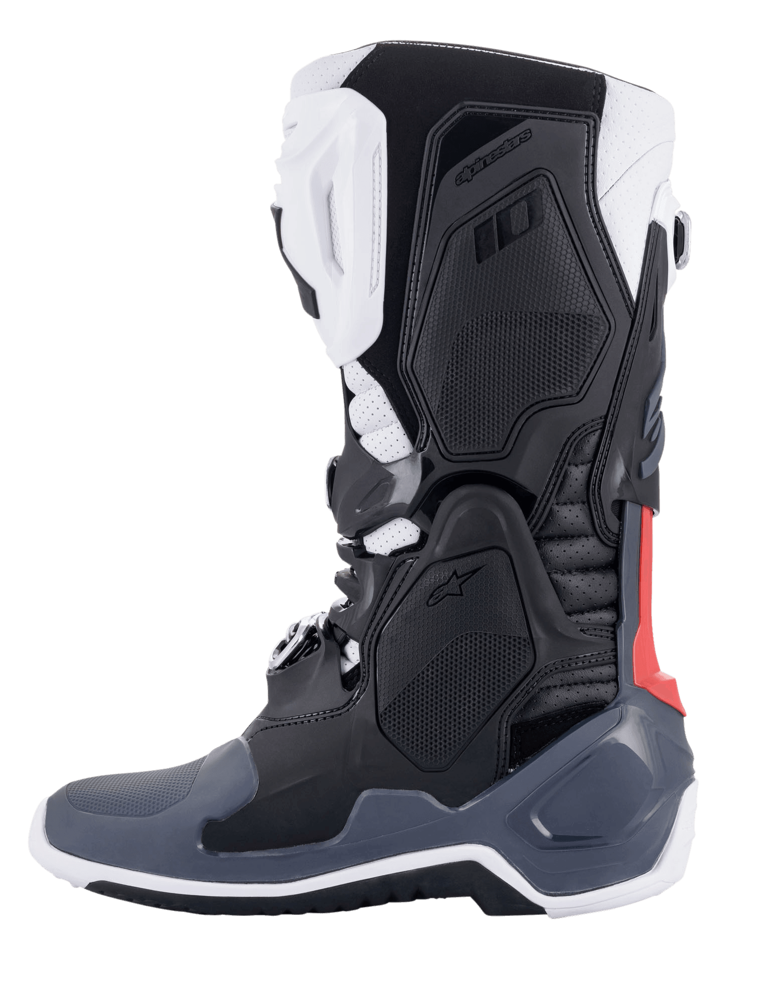 Alpinestars Tech 10 Supervented Boots, Motocross Boots, Black White Mid Gray and Red, side profile view, featuring ventilated TPU panels, perforated microfiber construction, and high-performance sole for off-road riding