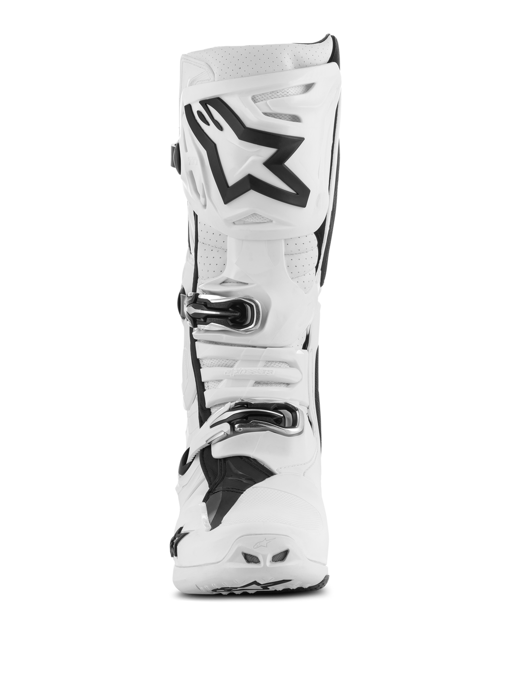 Alpinestars Tech 10 Supervented laarzen, motorcrosslaarzen, wit met zwarte accenten, vooraanzicht met groot zwart Astar-logo op de scheenplaat, gespsluitingssysteem, geperforeerde secties voor ventilatie