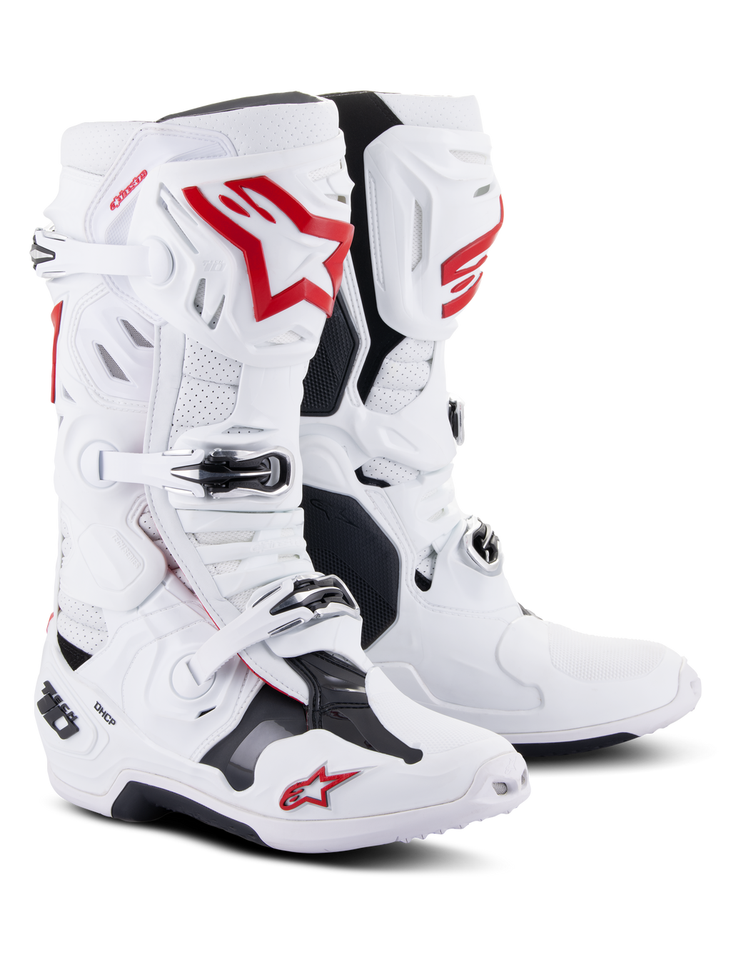 Alpinestars Tech 10 Supervented laarzen, motocrosslaarzen, wit en felrood, voorzien van geperforeerde microvezel voor luchtstroom, opvallende rode Astars-logo's, zwarte gespsluitingen en een versterkt TPU-chassis voor off-road prestaties.