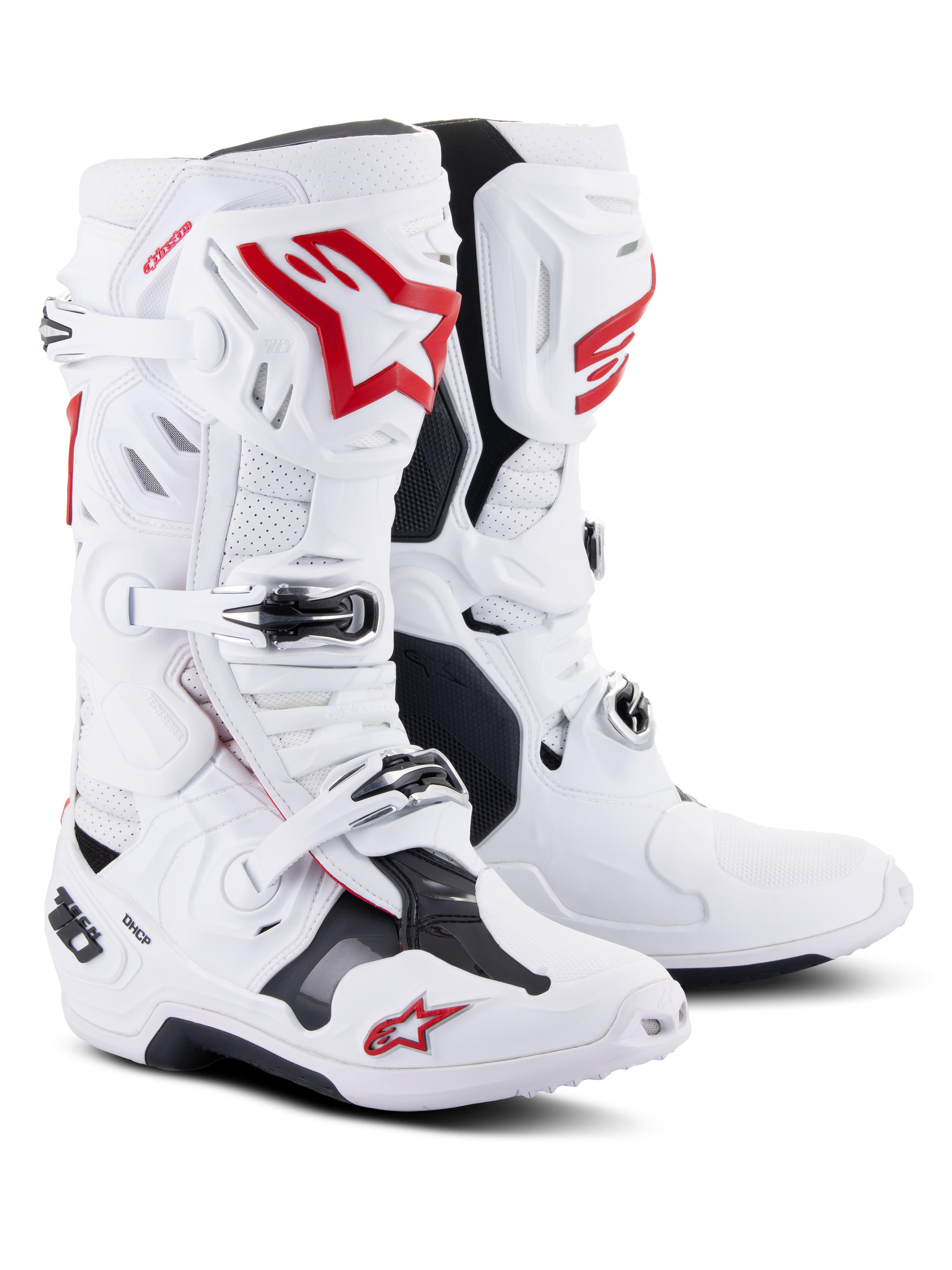 Alpinestars Tech 10 Supervented laarzen, motocrosslaarzen, wit en felrood, voorzien van geperforeerde microvezel voor luchtstroom, opvallende rode Astars-logo's, zwarte gespsluitingen en een versterkt TPU-chassis voor off-road prestaties.
