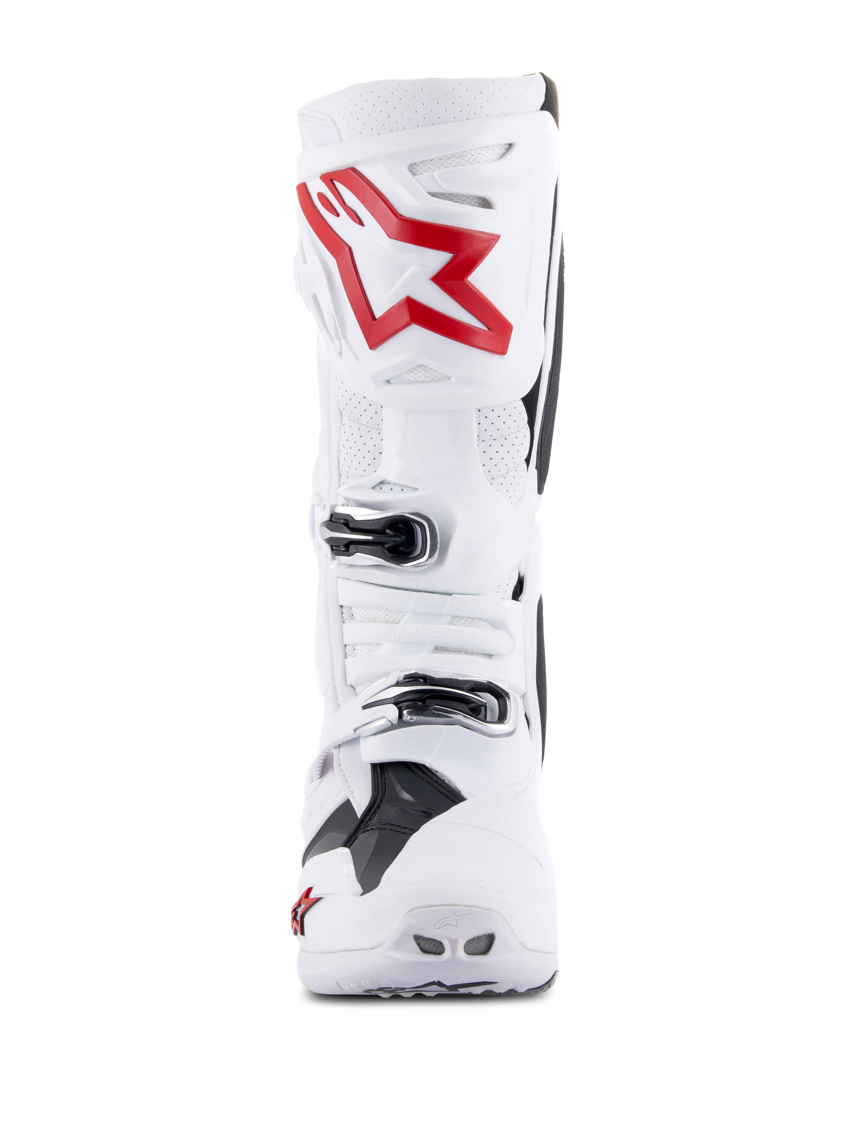 Alpinestars Tech 10 Supervented laarzen, wit en felrood, vooraanzicht met geventileerde geperforeerde panelen, groot rood sterlogo op de scheenplaat, verstelbare zilveren gespen, hoogwaardig motorcross-ontwerp