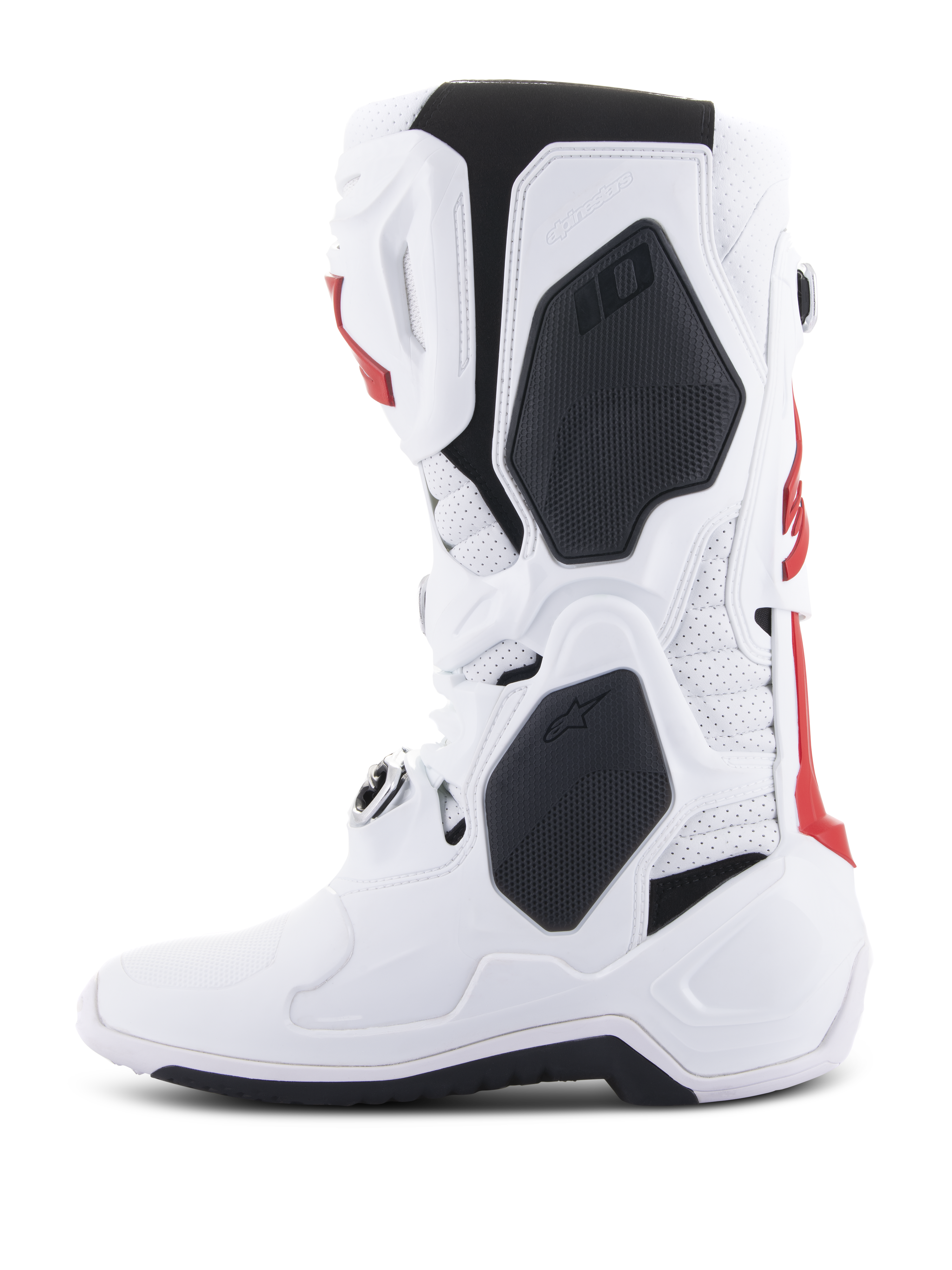 Alpinestars Tech 10 Supervented laarzen, motorcrosslaarzen, wit en felrood met zwarte accenten, zijaanzicht met de nadruk op de geventileerde constructie en beschermende TPU-schaal
