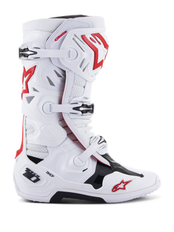 Alpinestars Tech 10 Supervented Boots, Motocross Off-Road Racing Boots, White Red Black, Multiple Buckle Closure System, Perforated Ventilation Panels, Red Star Logo, DHCP Technology, Reinforced Protection Paneling, Rugged Off-Road Sole
