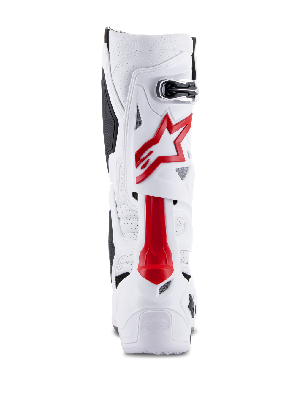 Alpinestars Tech 10 Supervented laarzen, motorcrosslaarzen, wit en felrood, achteraanzicht met geventileerde microvezel, rood sterlogo, versterkte TPU-schaal voor off-road prestaties