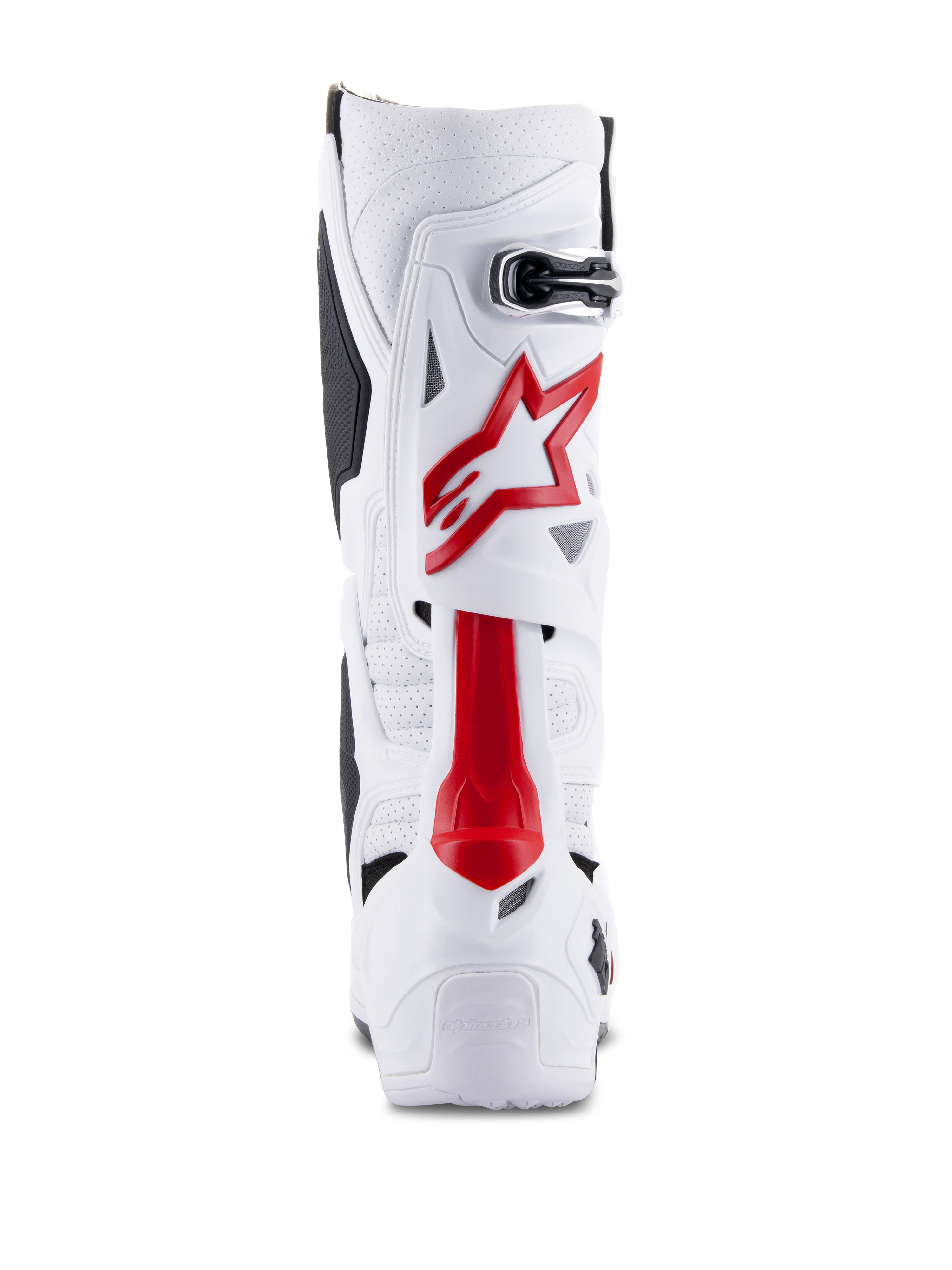 Alpinestars Tech 10 Supervented laarzen, motorcrosslaarzen, wit en felrood, achteraanzicht met geventileerde microvezel, rood sterlogo, versterkte TPU-schaal voor off-road prestaties
