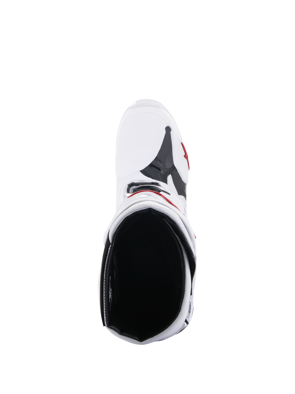 Alpinestars Tech 10 Supervented laarzen, motocrosslaarzen, wit en felrood, bovenaanzicht met zicht op de mesh binnenvoering en geventileerde bovenconstructie, hoogwaardige off-road race-uitrusting