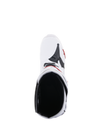 Alpinestars Tech 10 Supervented laarzen, motocrosslaarzen, wit en felrood, bovenaanzicht met zicht op de mesh binnenvoering en geventileerde bovenconstructie, hoogwaardige off-road race-uitrusting