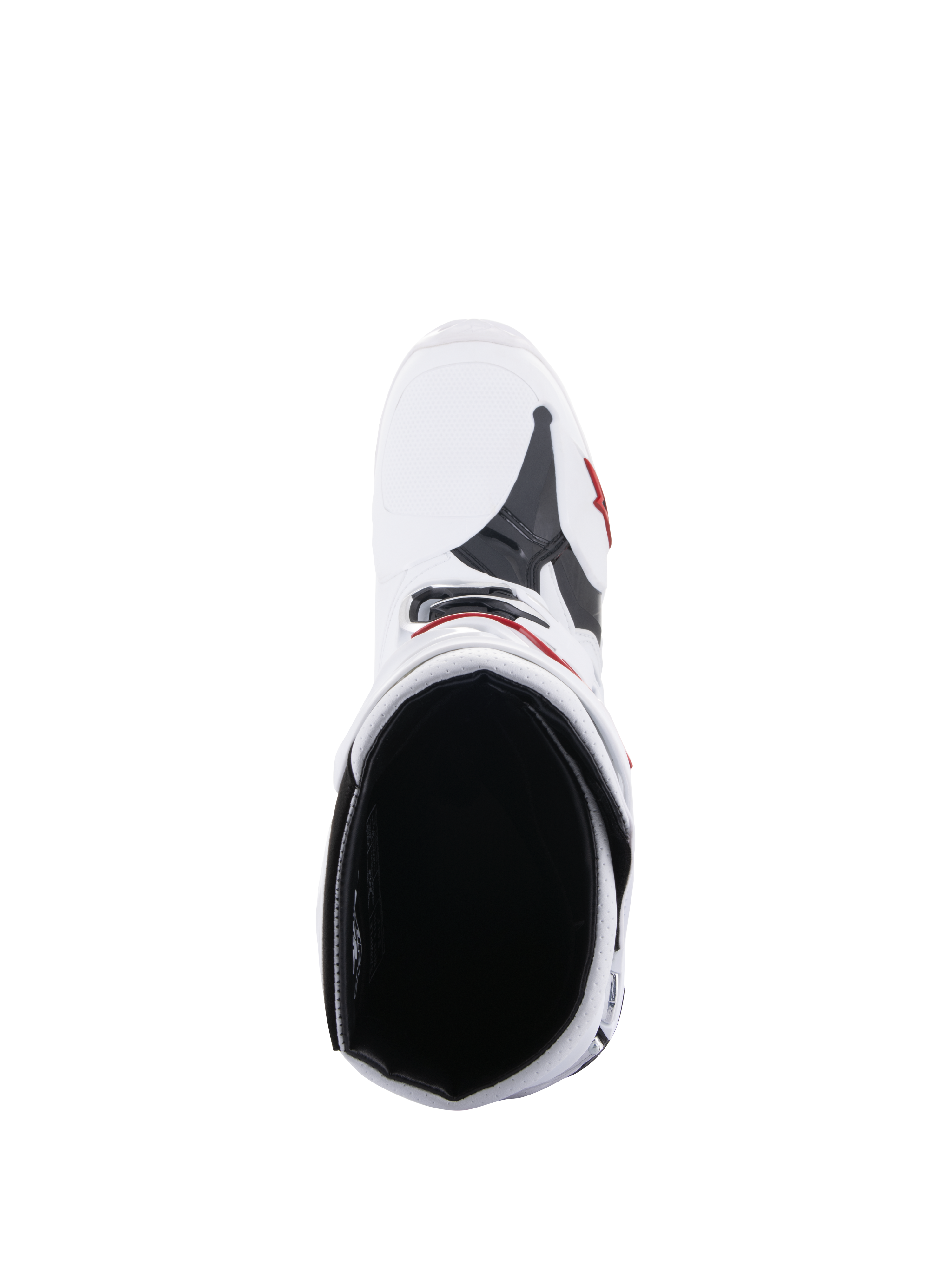 Alpinestars Tech 10 Supervented laarzen, motocrosslaarzen, wit en felrood, bovenaanzicht met zicht op de mesh binnenvoering en geventileerde bovenconstructie, hoogwaardige off-road race-uitrusting