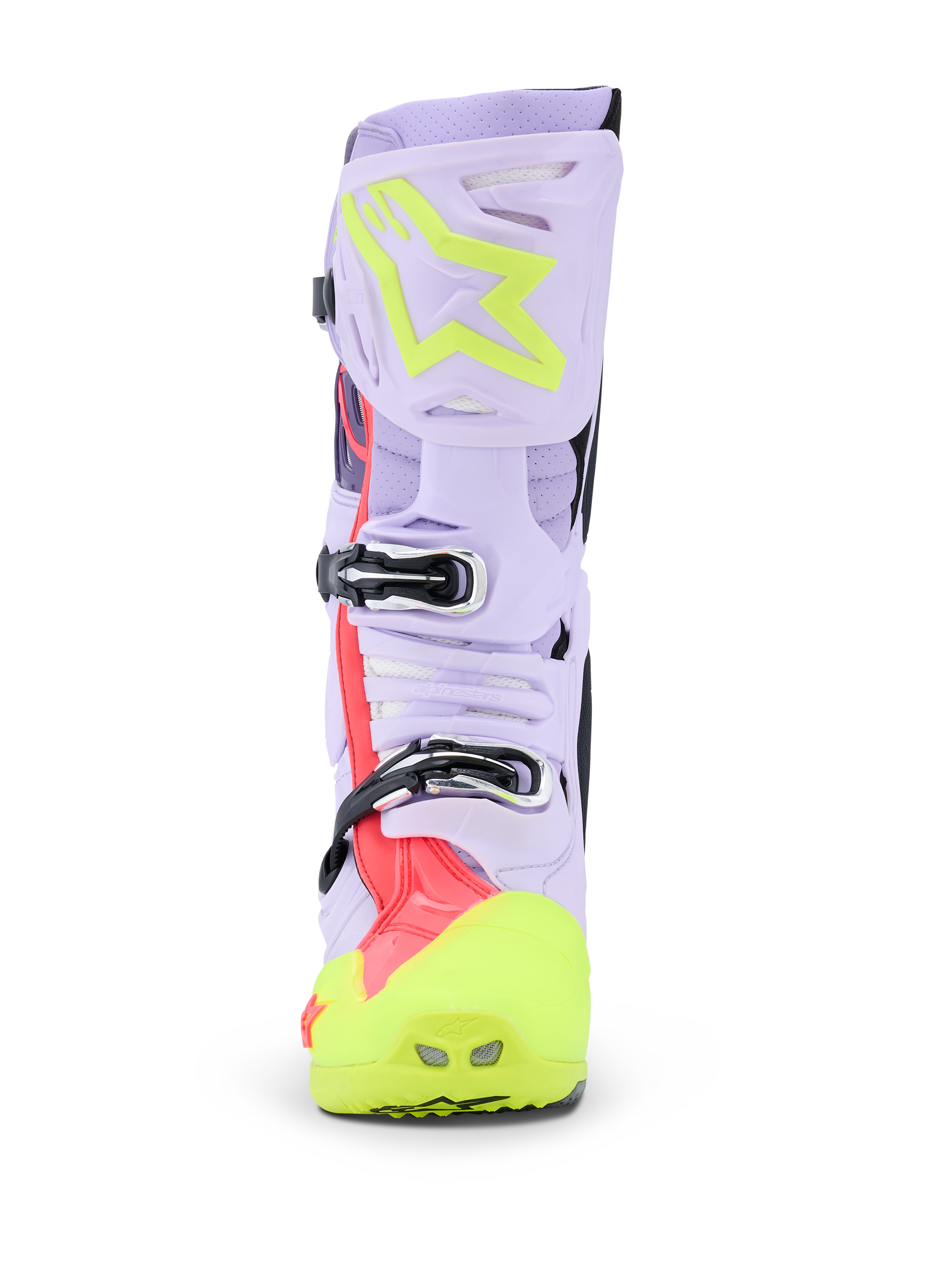 Alpinestars Tech 10 Supervented Boots, Motocross Boots, Purple Yellow Fluo and Diva Pink, front-facing view highlighting the buckle system and ventilated shin plate, professional-grade off-road footwear with perforated microfiber upper