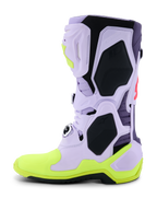 Alpinestars Tech 10 Supervented Boots, Motocross Boots, Purple Yellow Fluo and Diva Pink, side profile featuring perforated lavender microfiber upper, black TPU protective panels, and neon yellow sole, high-performance ventilated footwear for off-road racing