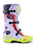 Alpinestars Tech 10 Supervented Boots, Motocross Racing Boots, Purple, Yellow Fluo, and Diva Pink, featuring side profile view with adjustable black buckles, ventilated microfiber panels, reinforced neon yellow sole, and high-performance protective shell