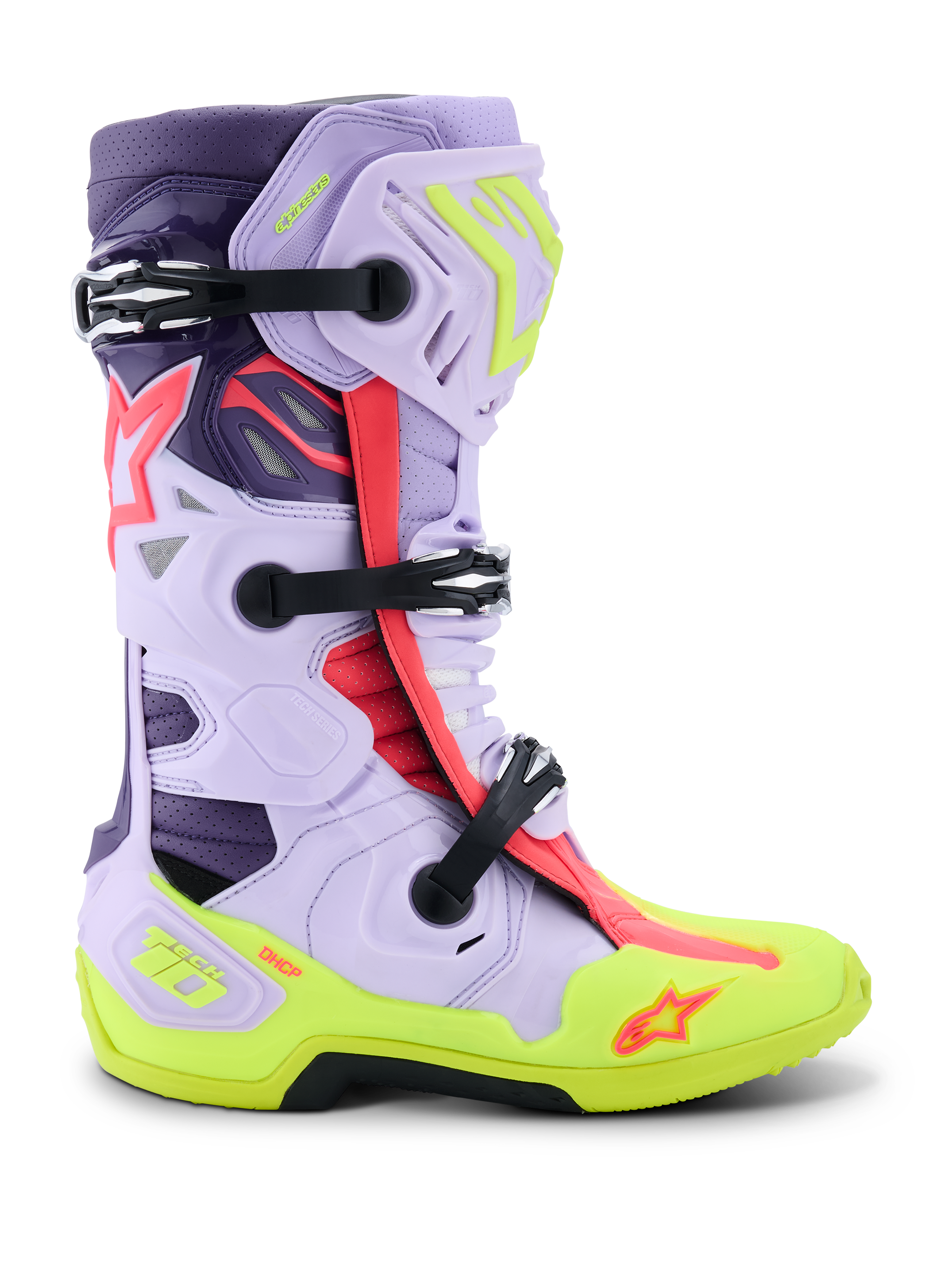 Alpinestars Tech 10 Supervented Boots, Motocross Racing Boots, Purple, Yellow Fluo, and Diva Pink, featuring side profile view with adjustable black buckles, ventilated microfiber panels, reinforced neon yellow sole, and high-performance protective shell