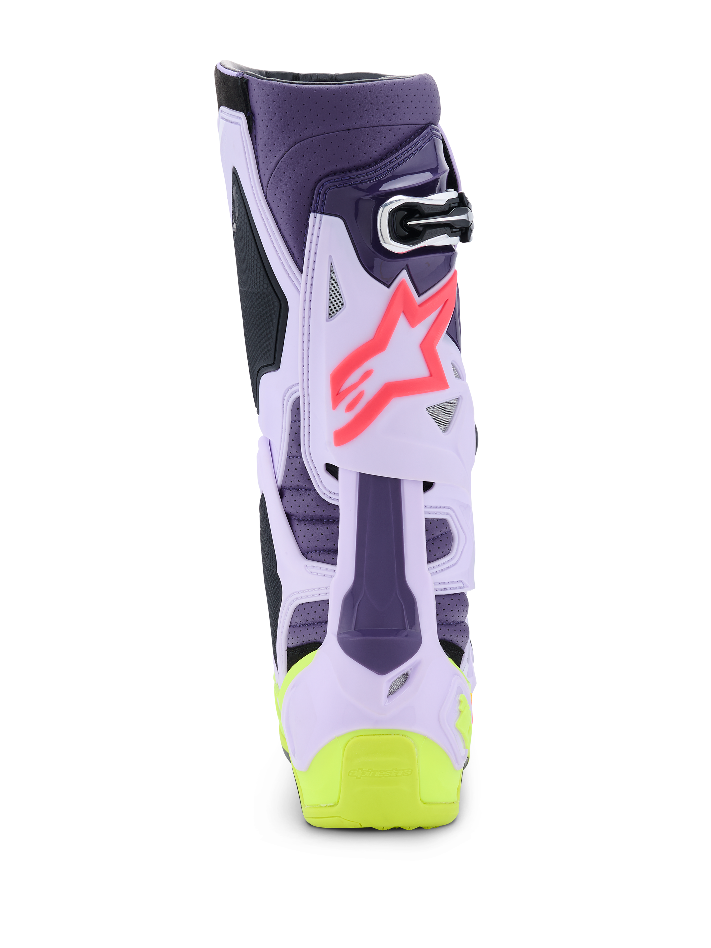 Alpinestars Tech 10 Supervented Boots, Rear View, Purple Yellow Fluo and Diva Pink colorway, featuring ventilated TPU structure, pink star logo, and bright yellow heel detail, professional-grade motocross footwear