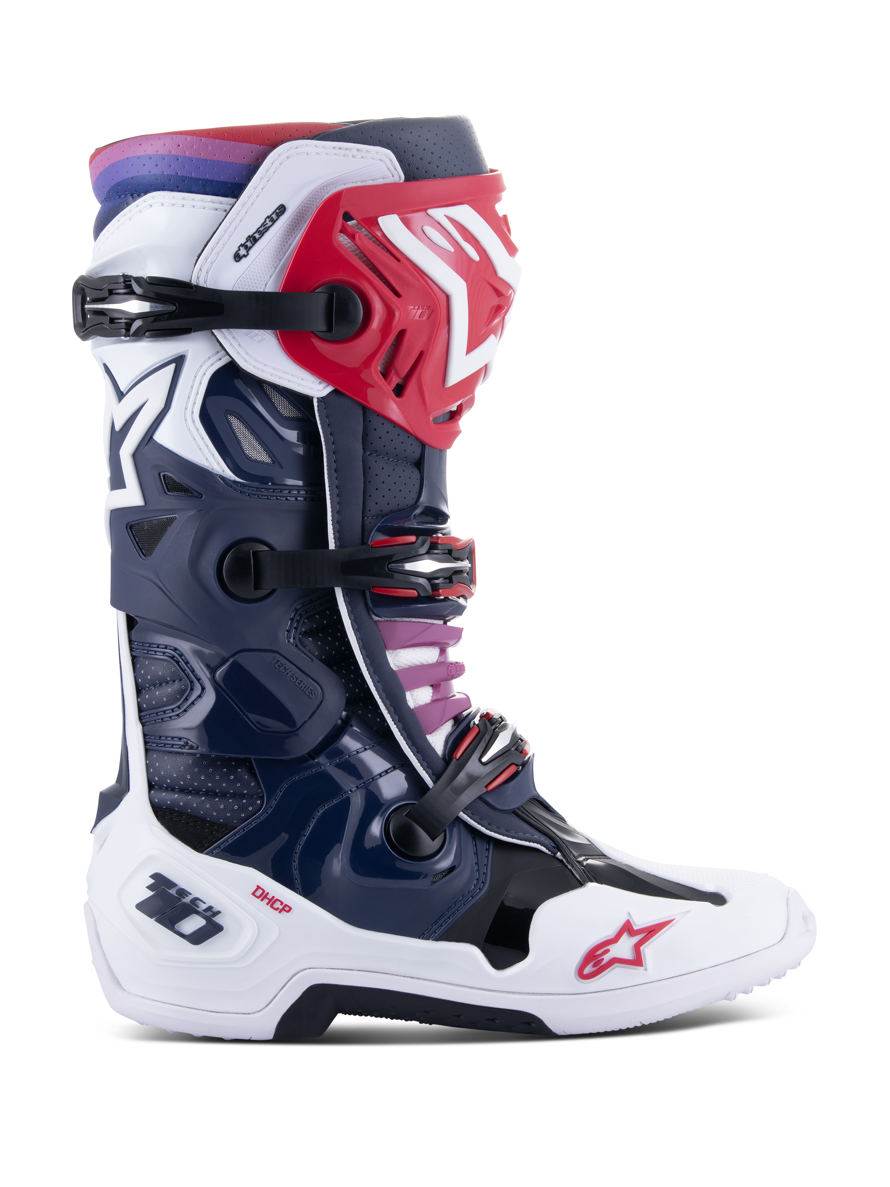 Alpinestars Tech 10 Supervented motorlaarzen, motorcross race-laarzen, Night Navy White Rainbow kleurstelling, zijaanzicht, met een navy blauwe en witte schaal met rode accenten, zwarte gespen en een paars naar rood kleurverloop bij de bovenste boord, hoogwaardige geventileerde constructie voor off-road racebescherming