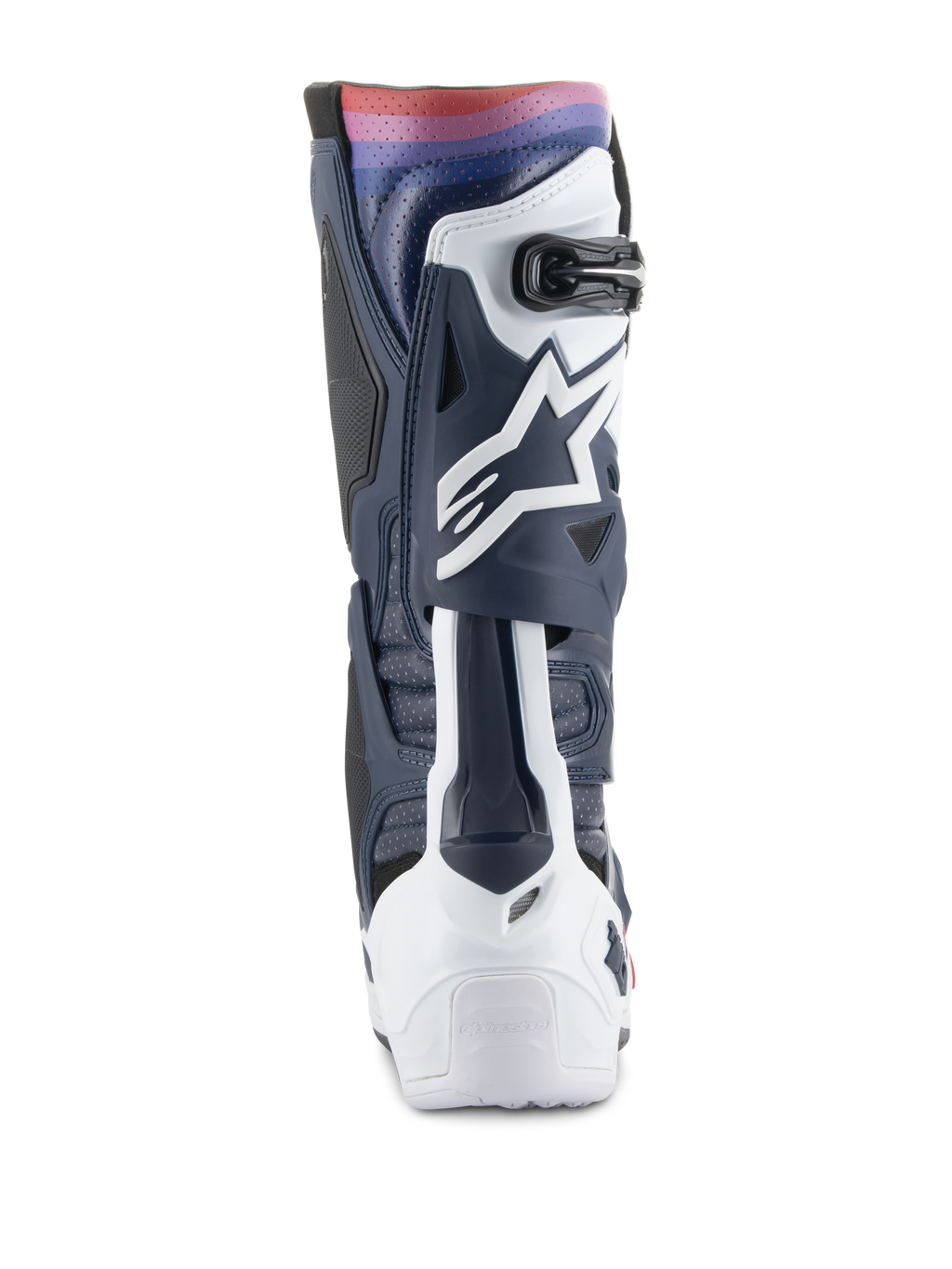 Alpinestars Tech 10 Supervented laarzen, motorcross laarzen, Night Navy White Rainbow, achteraanzicht toont de navy en witte TPU-structuur met een levendig regenboogverloop aan de bovenkant, voorzien van het witte Astars-logo en geventileerde panelen voor off-road prestaties.