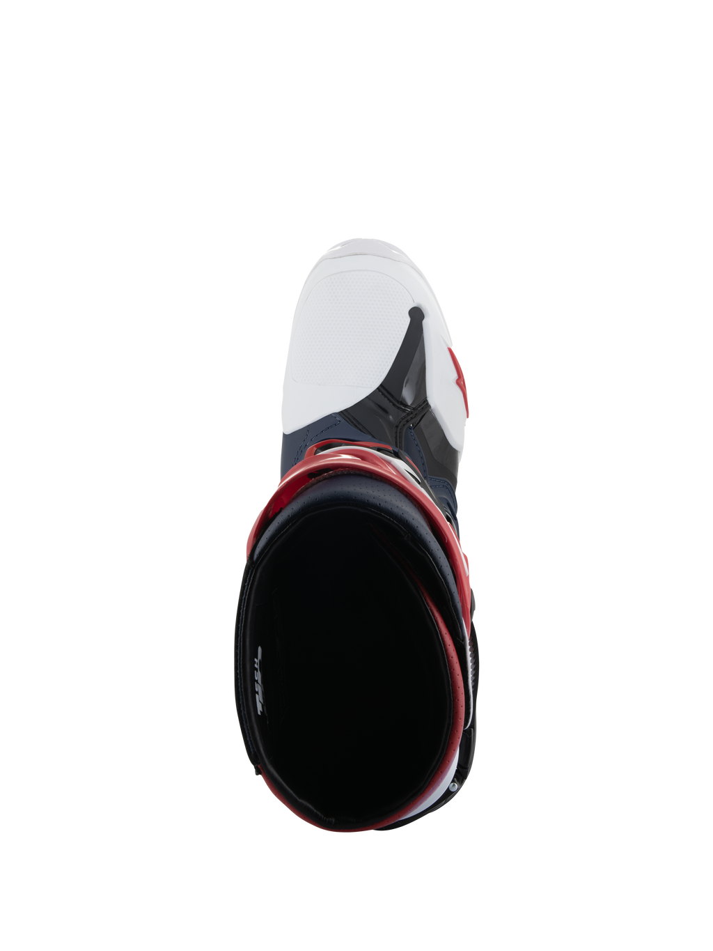 Alpinestars Tech 10 Supervented laarzen, bovenaanzicht kijkend in de opening van de laars, Night Navy White Rainbow, voorzien van een witte geventileerde neus en rode accenten, hoogwaardig motorcross-schoeisel ontworpen voor maximale luchtstroom.