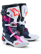 Alpinestars Tech-10 Supervented motorcrosslaarzen voor heren, donkerblauw, wit en fuchsia, met geventileerde TPU-schalen.