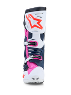 Alpinestars Tech-10 Supervented laarzen, professionele motocrosslaarzen in donkerblauw en wit met fuchsia, geventileerde TPU-panelen voor off-road racing.