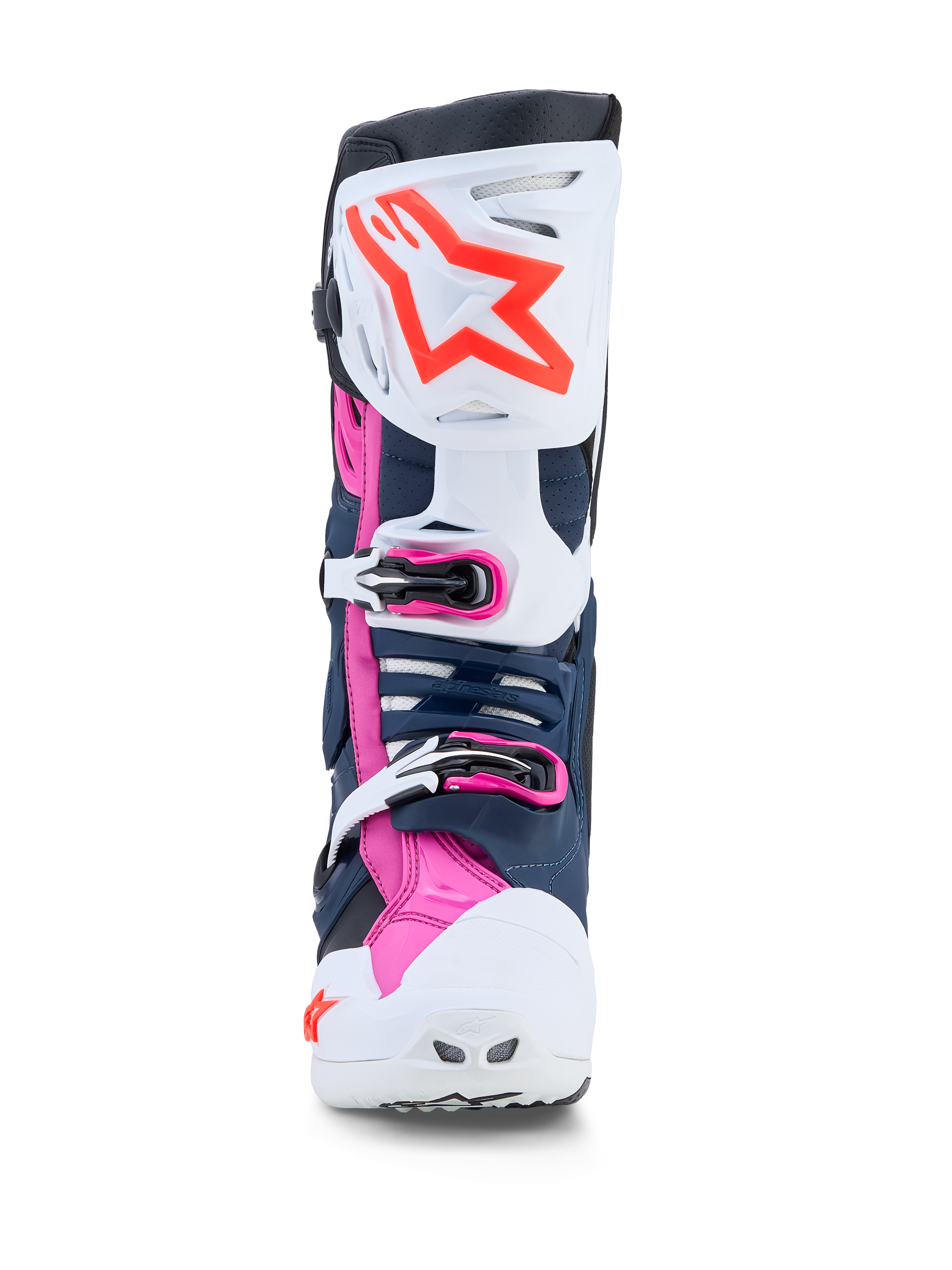 Alpinestars Tech-10 Supervented laarzen, professionele motocrosslaarzen in donkerblauw en wit met fuchsia, geventileerde TPU-panelen voor off-road racing.