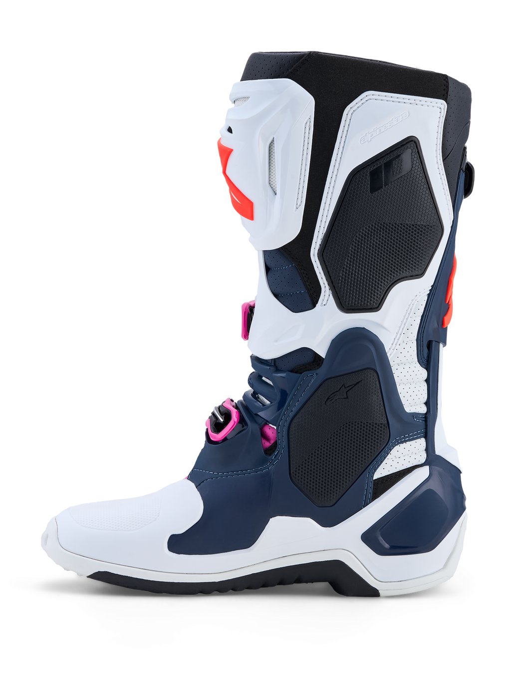 Alpinestars Tech-10 Supervented motorcrosslaarzen, donkerblauw en wit met fuchsia accenten en geventileerde TPU-schaal.