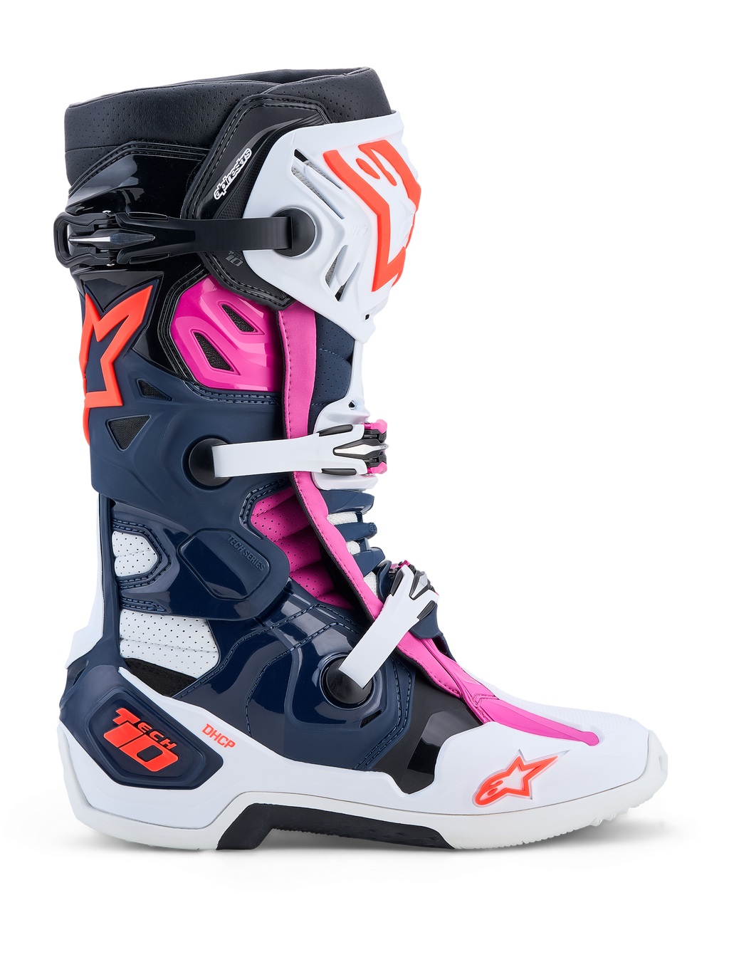Alpinestars Tech-10 Supervented laarzen in donkerblauw, wit en roze met geavanceerde ventilatie voor motocross.