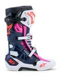 Alpinestars Tech-10 Supervented laarzen in donkerblauw, wit en roze met geavanceerde ventilatie voor motocross.