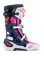 Alpinestars Tech-10 Supervented laarzen in donkerblauw, wit en roze met geavanceerde ventilatie voor motocross.