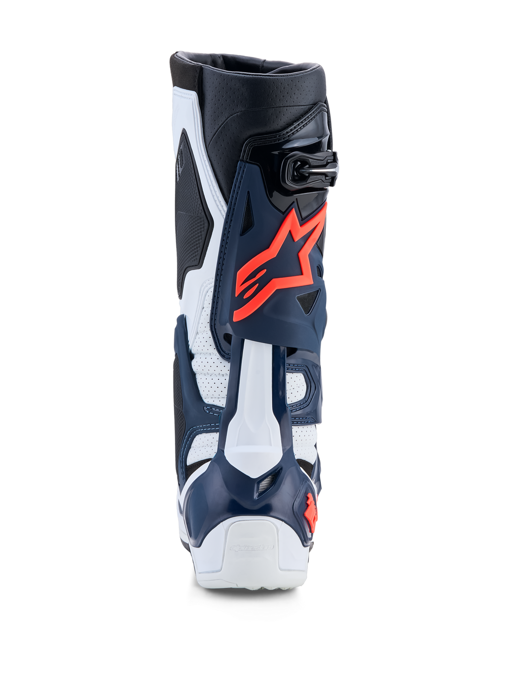 Alpinestars Tech-10 Supervented laarzen, blauw-witte motocross-motorlaarzen met fuchsia accenten en geperforeerd TPU.