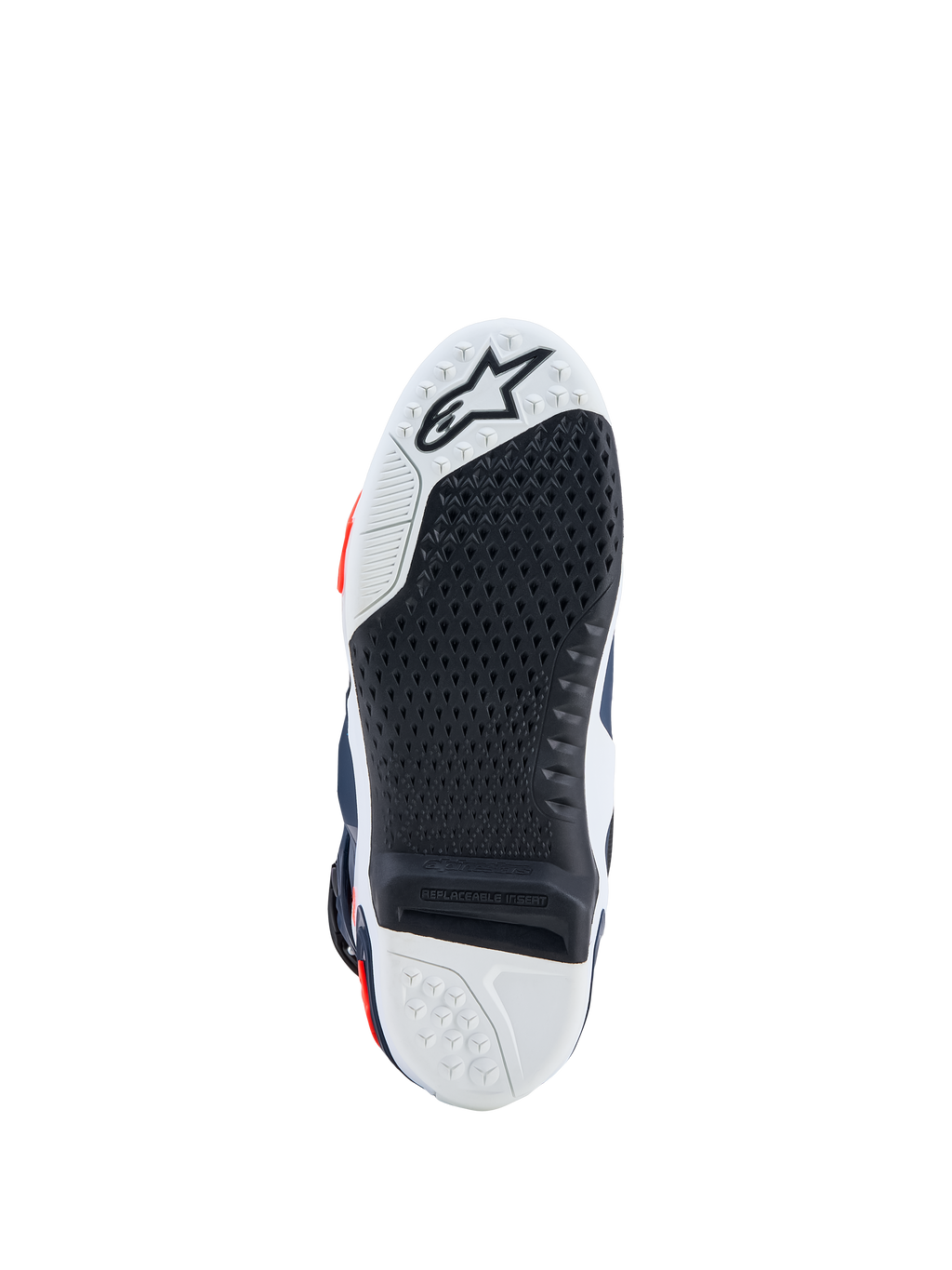 Alpinestars Tech-10 Supervented laarzen, zwart-witte zool met vervangbaar inzetstuk voor hoge grip en motorcross.
